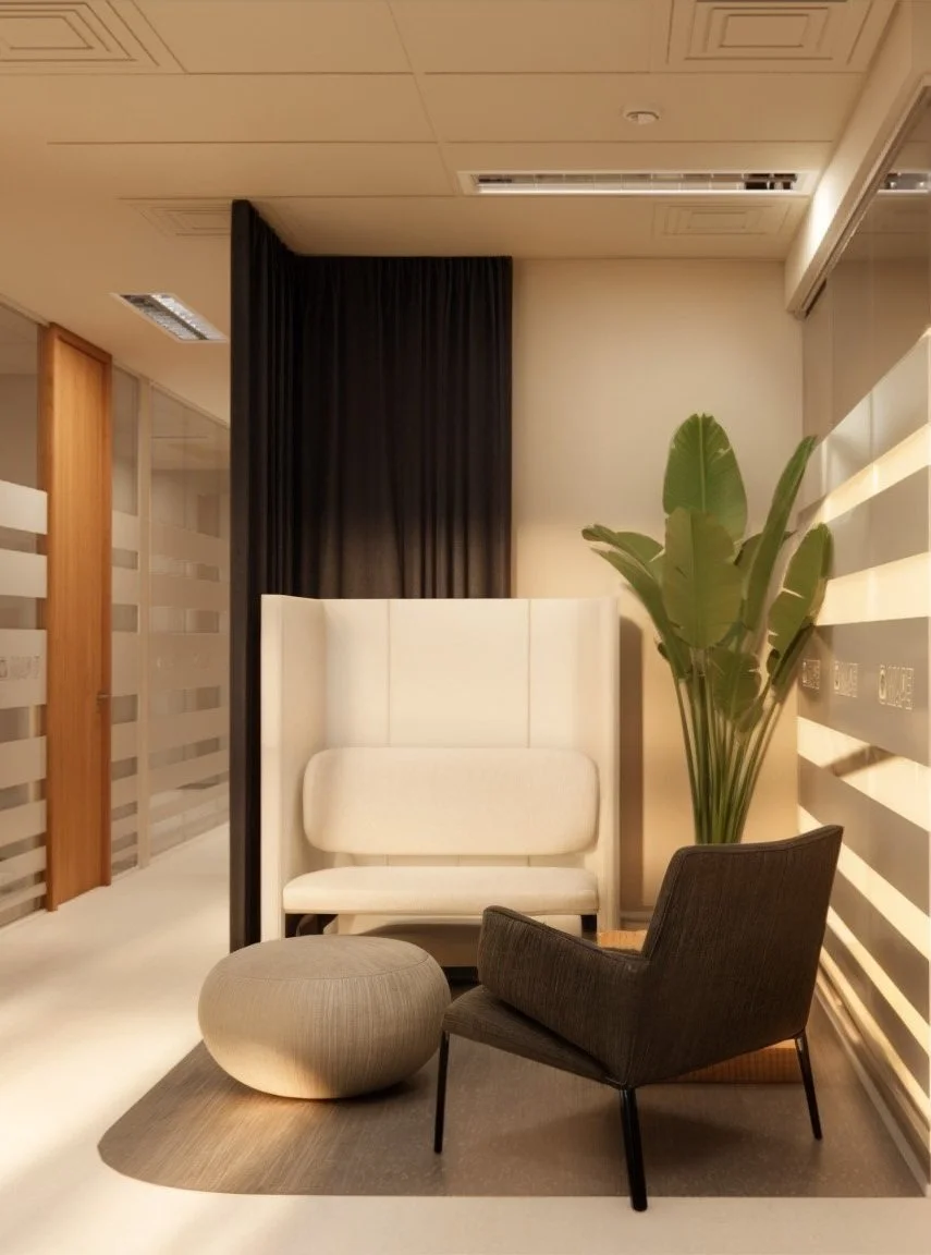 Modern waiting area with a black armchair, beige ottoman, white high-back chair, and a large green plant, set against a light-colored wall with horizontal striped paneling.