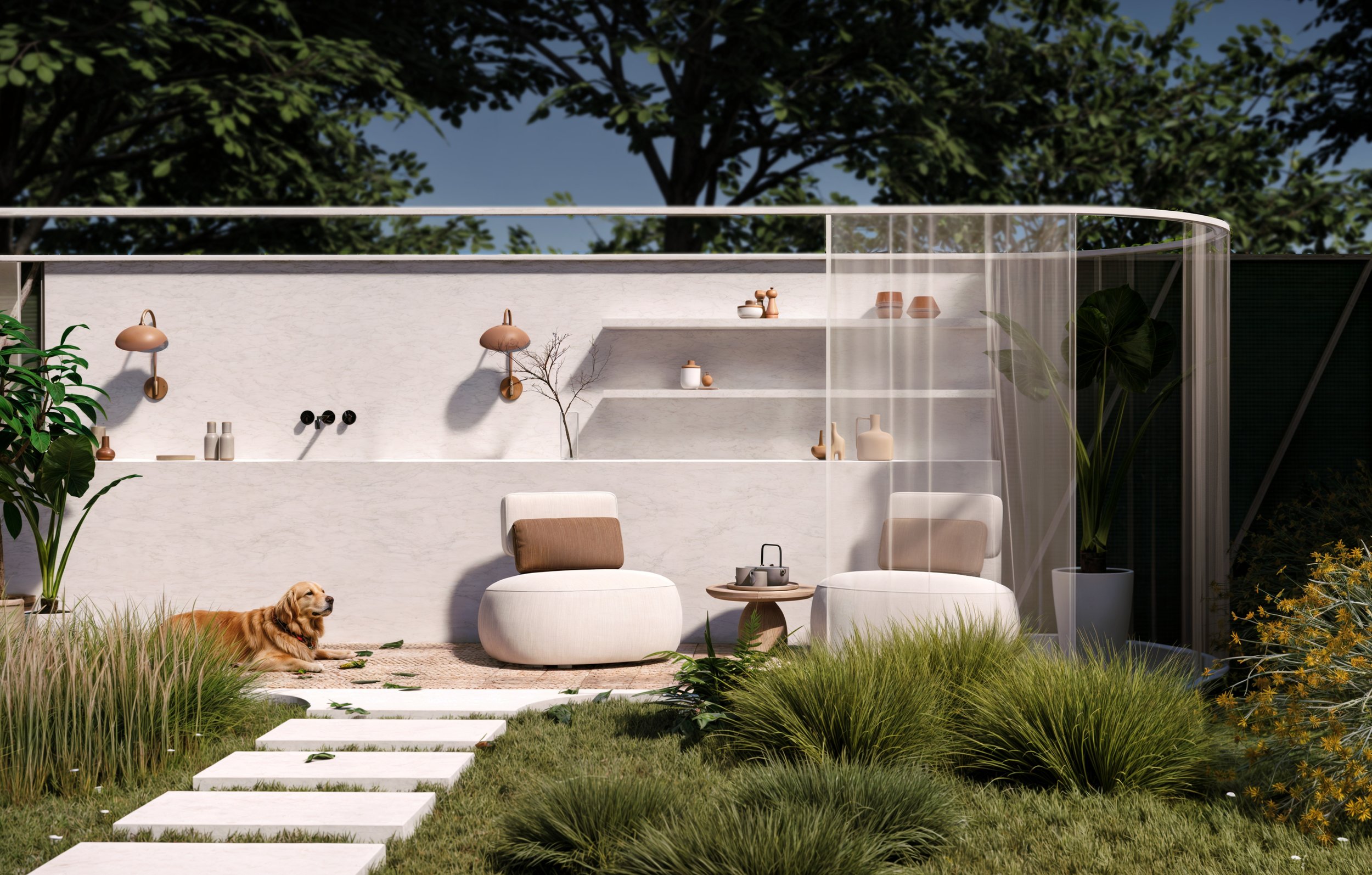 Architectural landscape design featuring a serene lakefront garden with natural elements and lounge areas.