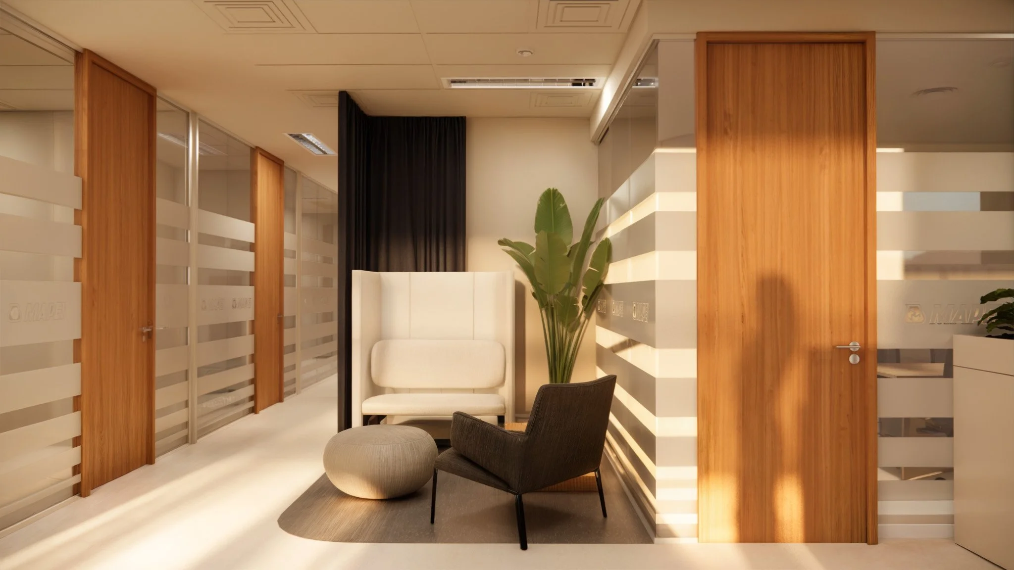 Transformed office space at Mapei Headquarters, featuring innovative relaxation areas and collaborative workspaces.