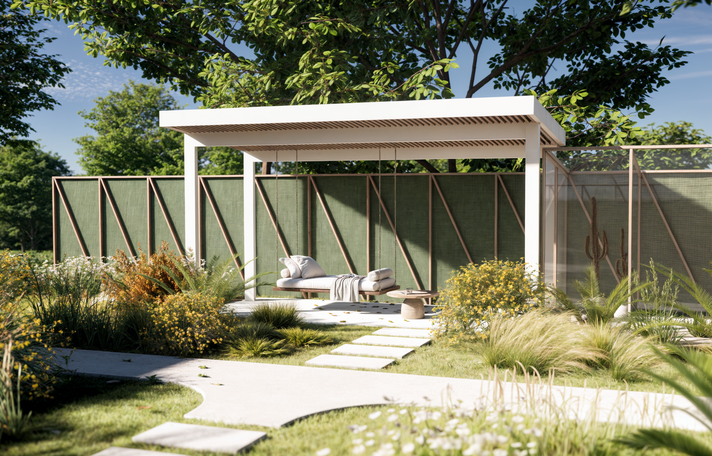 Architectural landscape design featuring a serene lakefront garden with natural elements and lounge areas.