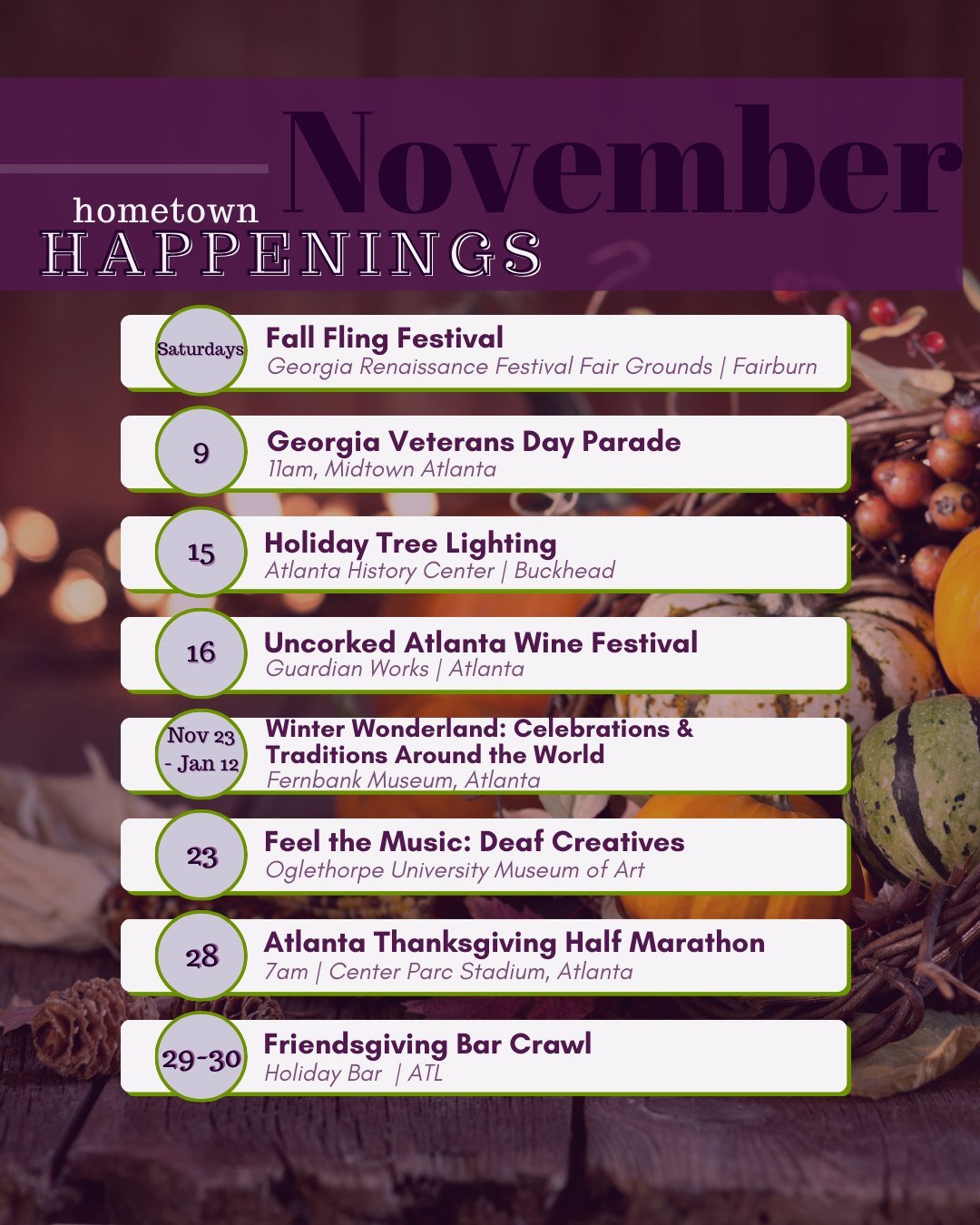 November has arrived, bringing with it the perfect mix of cozy moments and festive cheer! Whether you're in the mood for seasonal events or discovering local favorites, there's some exciting hometown happenings waiting for you!

📅 Saturdays�
🍂 Fall