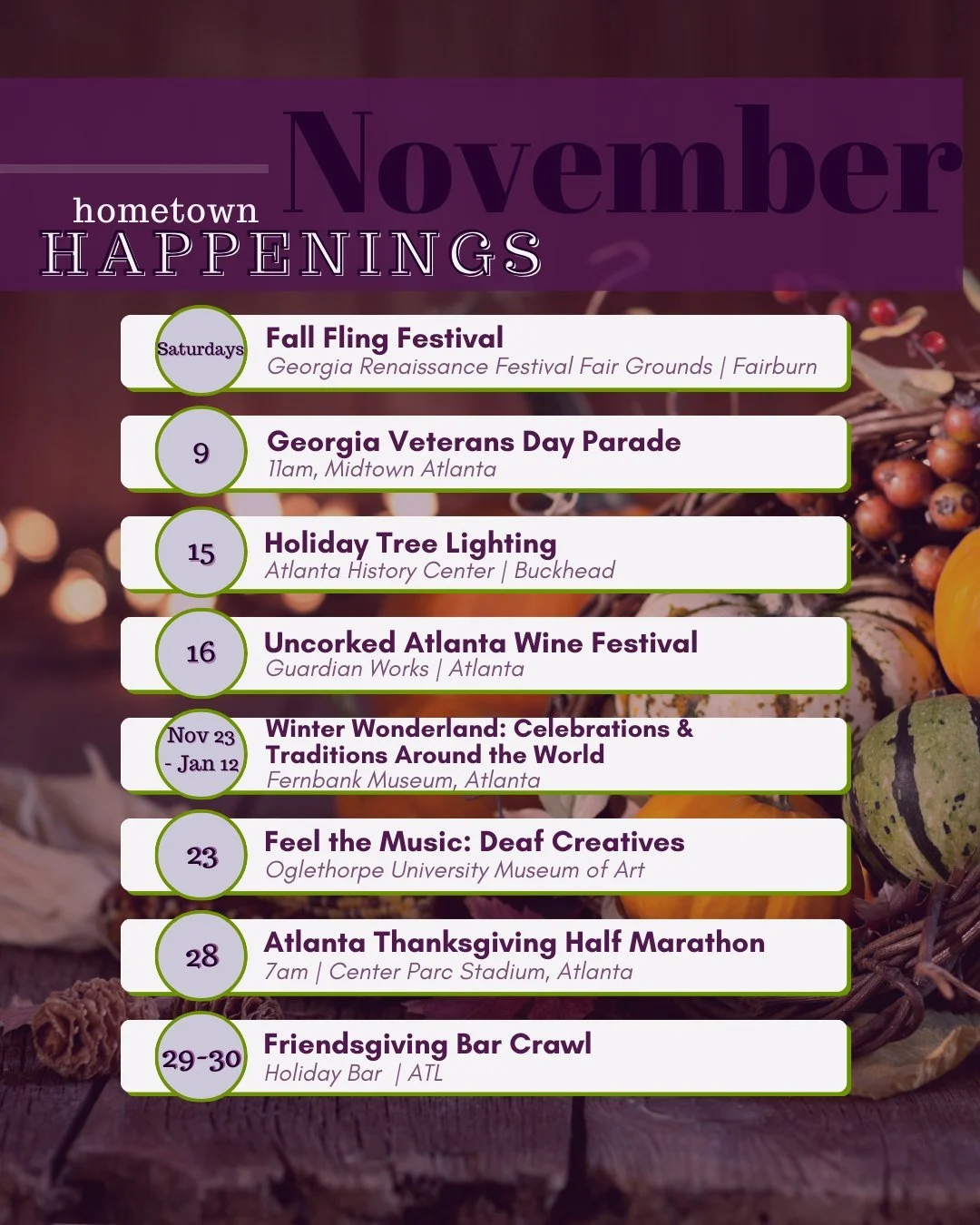 November has arrived, bringing with it the perfect mix of cozy moments and festive cheer! Whether you're in the mood for seasonal events or discovering local favorites, there's some exciting hometown happenings waiting for you!

📅 Saturdays�
🍂 Fall