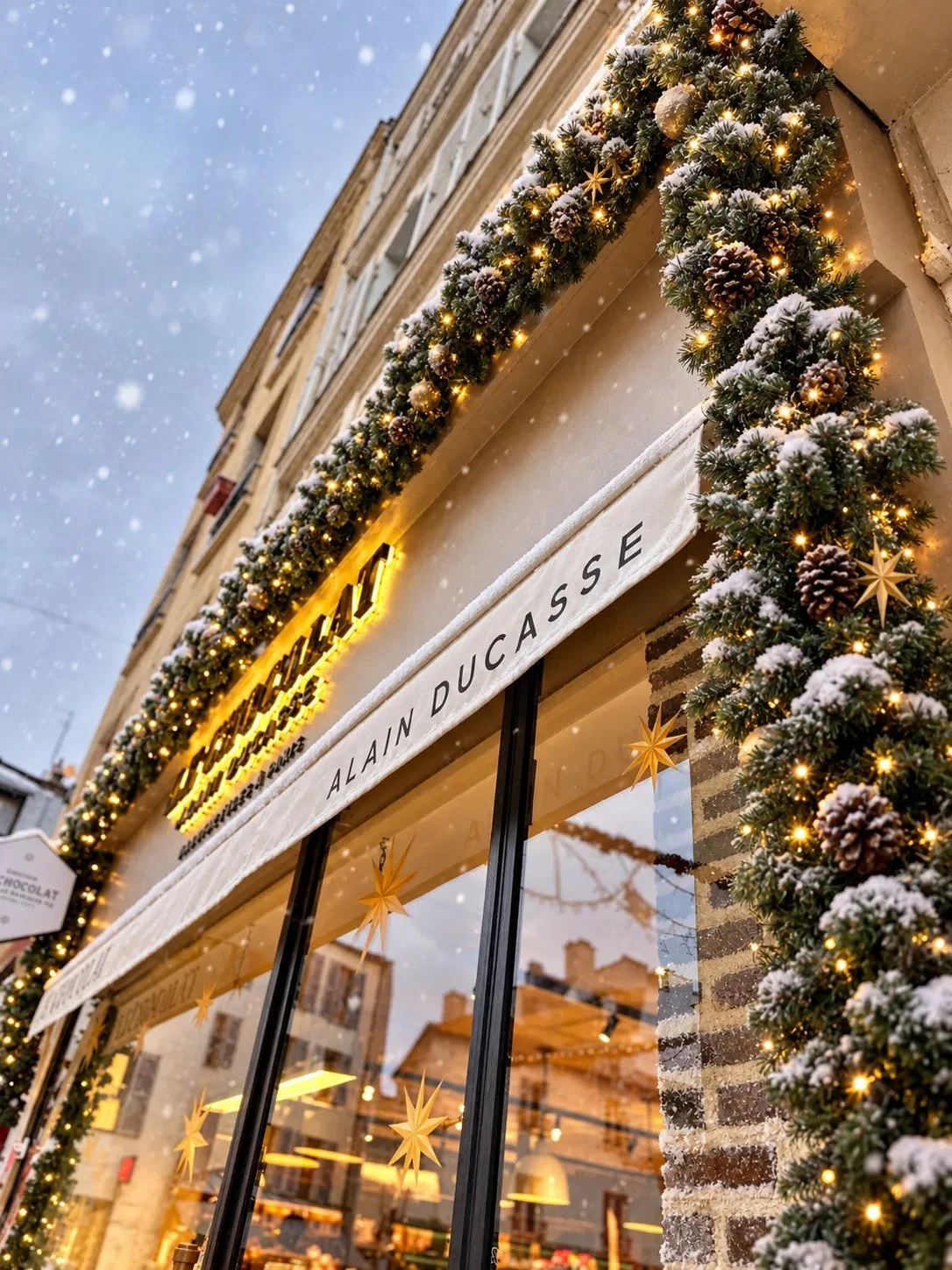 Vitrine de boutique habillée d'une guirlande de Noël lumineuse et enneigée