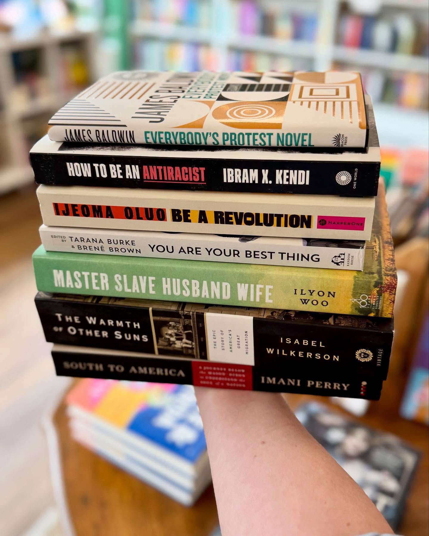 Happy Juneteenth! ❤️💛💚

Showing off a couple of book stacks today because it&rsquo;s important to read about black experiences and raise kids who do, too.

We&rsquo;re open 11-7, and today is really giving off a browse a bookstore vibe, don&rsquo;t