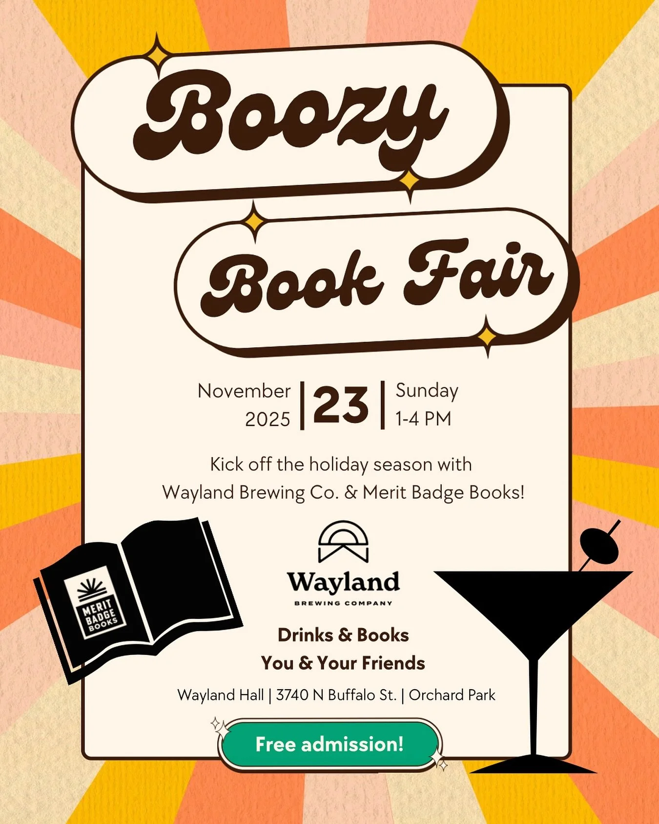 Merit Badge Books will be at Wayland Hall on Sunday, November 23rd from 1-4 PM to help you kick off the cozy holiday season with a Boozy Book Fair! ๐๐๐พ Come have a few drinks and browse this season’s best books and bookish goodies.
Don&rsqu