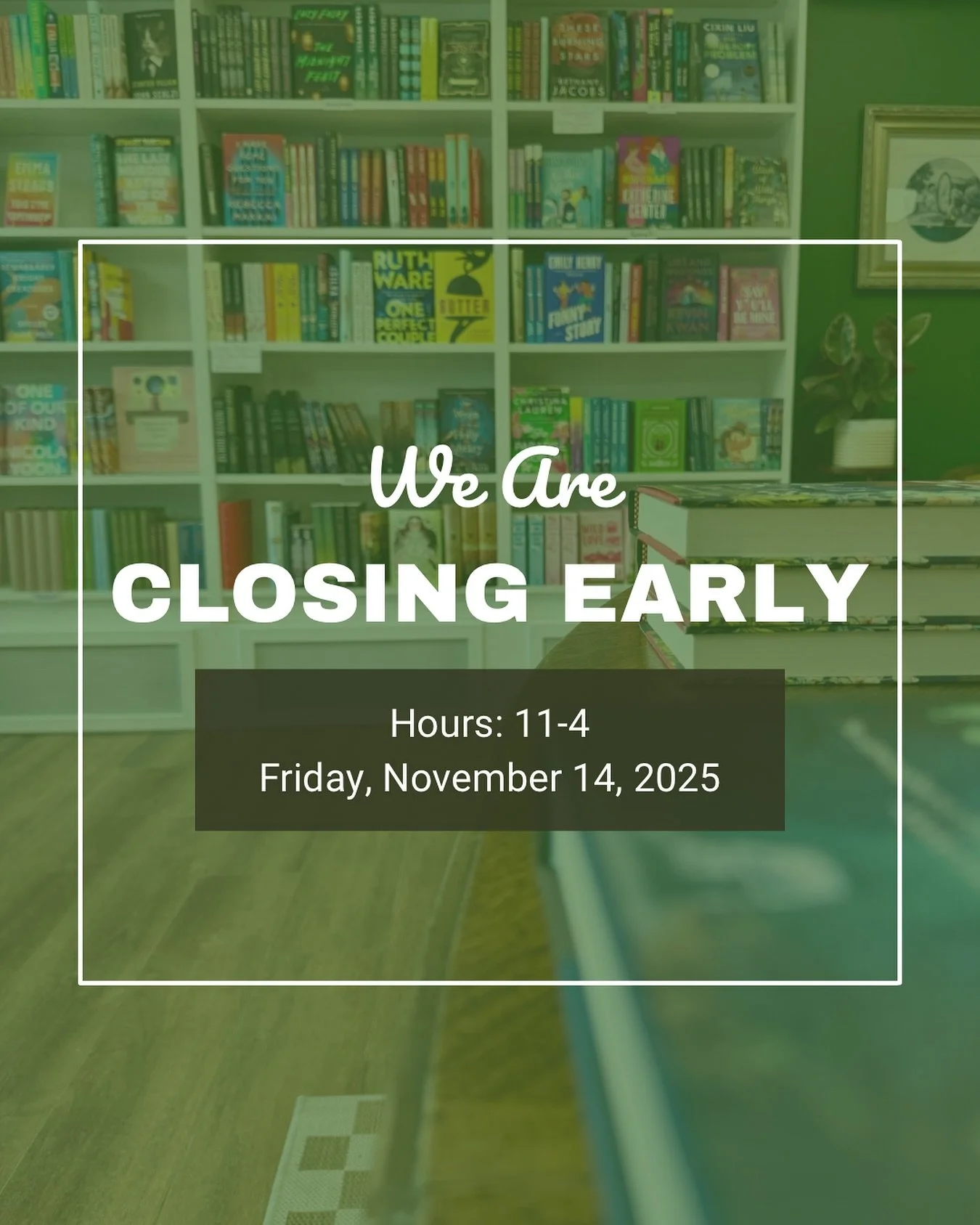 Reminder: we are closing at 4 pm today. Ten thousand apologies for the inconvenience, I know our late Fridays are helpful for after-work browsing. We&rsquo;ll be open again with our regular 11-5 hours on Saturday!