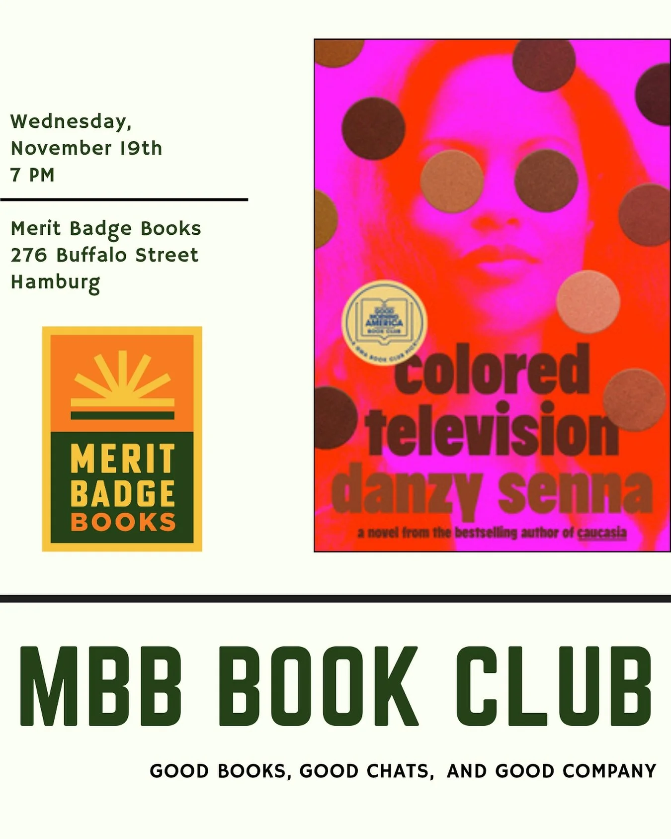 Book Club friends! A reminder that we are meeting at 7 PM tomorrow instead of the usual 6:30 PM. I am heading back from a meeting in East Aurora so will need a little buffer time to make it. It&rsquo;ll give you an extra half hour to finish reading! 