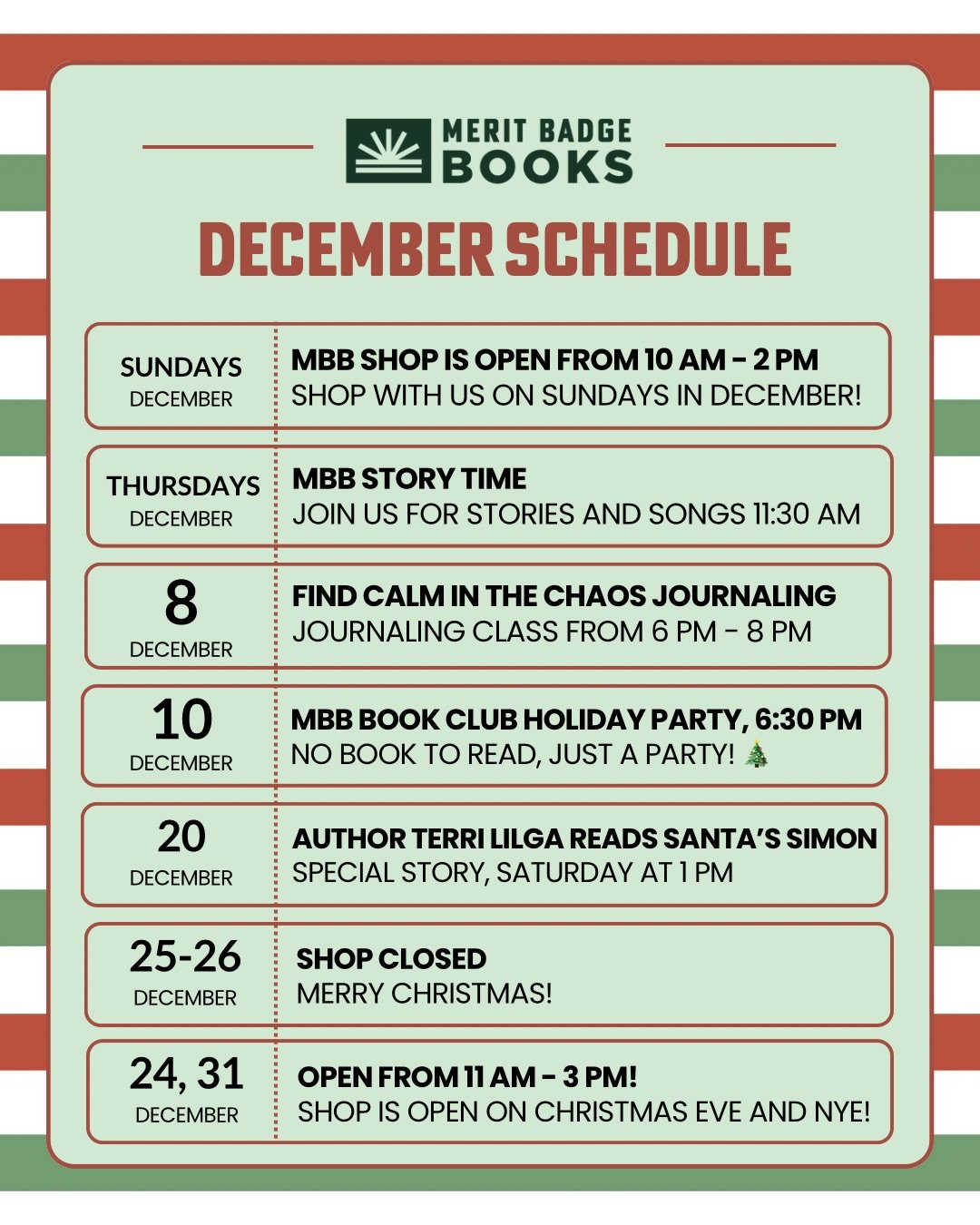 Most of our December hours will stay the same&hellip; BUT we are adding Sundays to our schedule so you have a little extra time to shop. We did this last December and it became a great day to pop in for gift cards and book recommendations for the rea