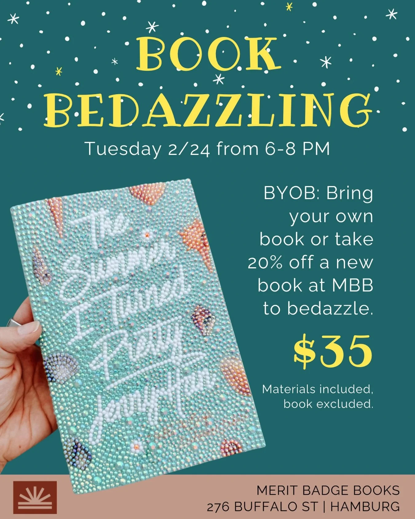Take time for you on Tuesday 2/24 and join us at MBB from 6-8 pm for some book bedazzling! Bring your favorite book to bedazzle or take 20% off a new book in the store! Looking for a specific book to add a little sparkle to? Send a quick message to h