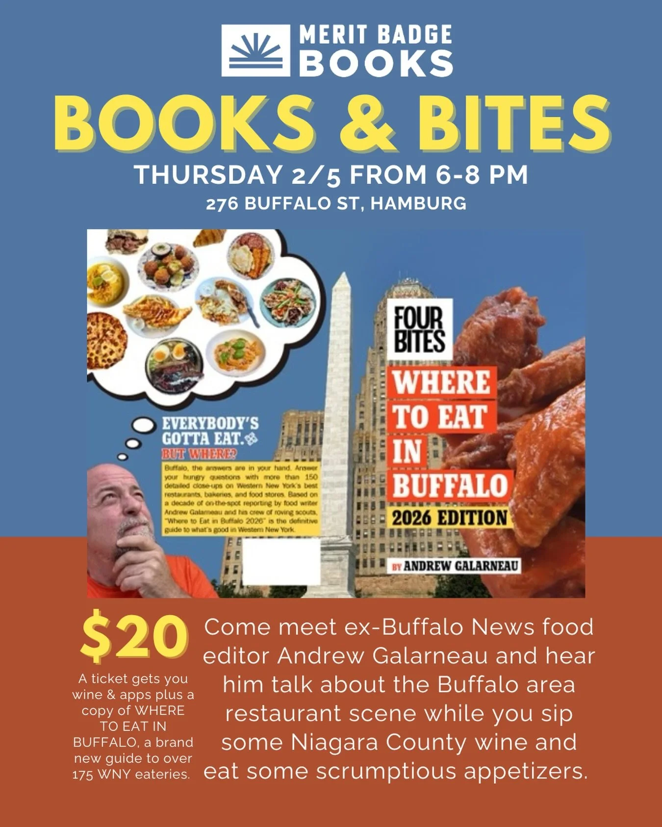 Let&rsquo;s talk everyone&rsquo;s favorite subject: good food! WNY is a hot region for delicious and diverse eateries, so let&rsquo;s hear from an expert about the local food scene. 🔥 Your ticket gets you a copy of WHERE TO EAT IN BUFFALO: 2026 EDIT