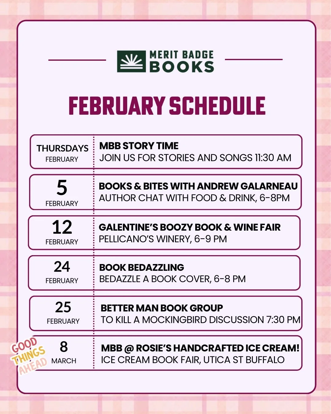 January may be 732 days long but we&rsquo;re in the final stretch so here&rsquo;s February&rsquo;s schedule at MBB!

Story time is BACK! We&rsquo;re resuming our weekly stories in February beginning Feb 5th. We have a new reader for the month, Mr. Ja