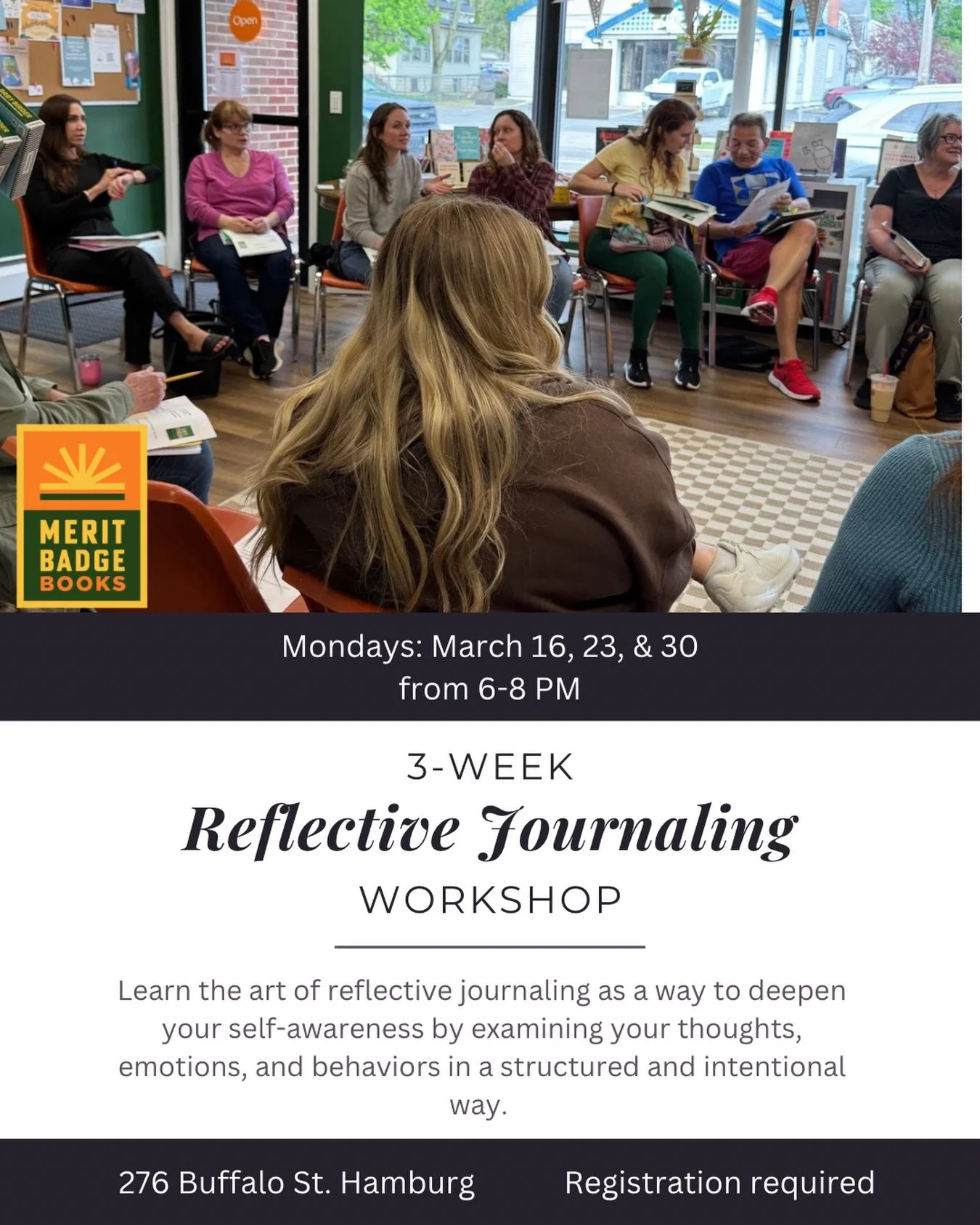 Our 3-week Reflective Journaling course starts NEXT Monday! We have a few seats left if you&rsquo;ve been waiting to join. We&rsquo;ll meet at MBB on three consecutive Mondays, March 16th, 23rd, and 30th at 6 PM. You&rsquo;ll need a pen and a noteboo