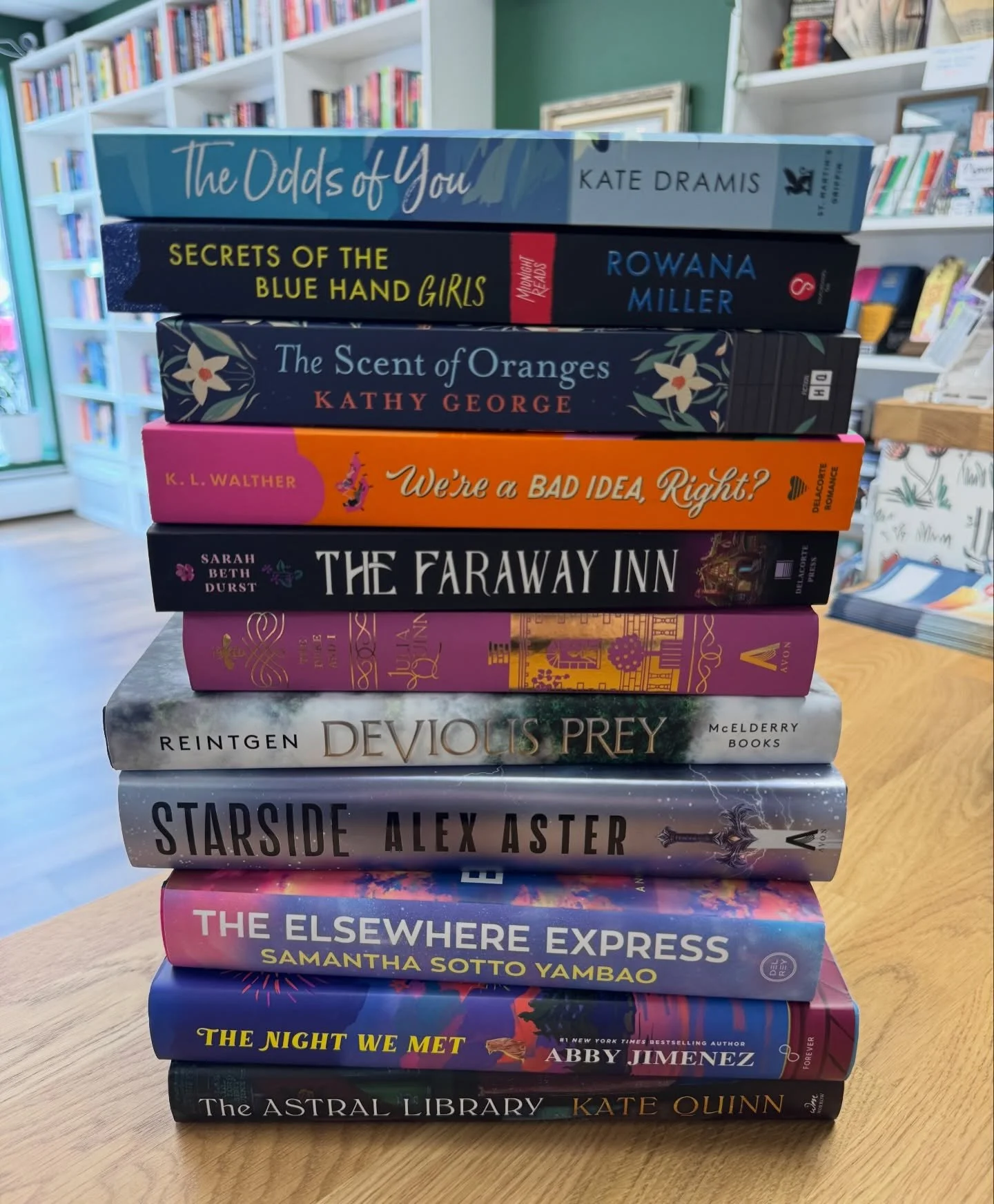 Ta-da! Here&rsquo;s the spines of the stenciled edge stack.

Top to bottom:
🌟THE ODDS OF YOU by Kate Dramis
🌟SECRETS OF THE BLUE HAND GIRLS by Rowana Miller
🌟(Missing is THRONE IN THE DARK by K Caggiano which sold today but we have more on the way