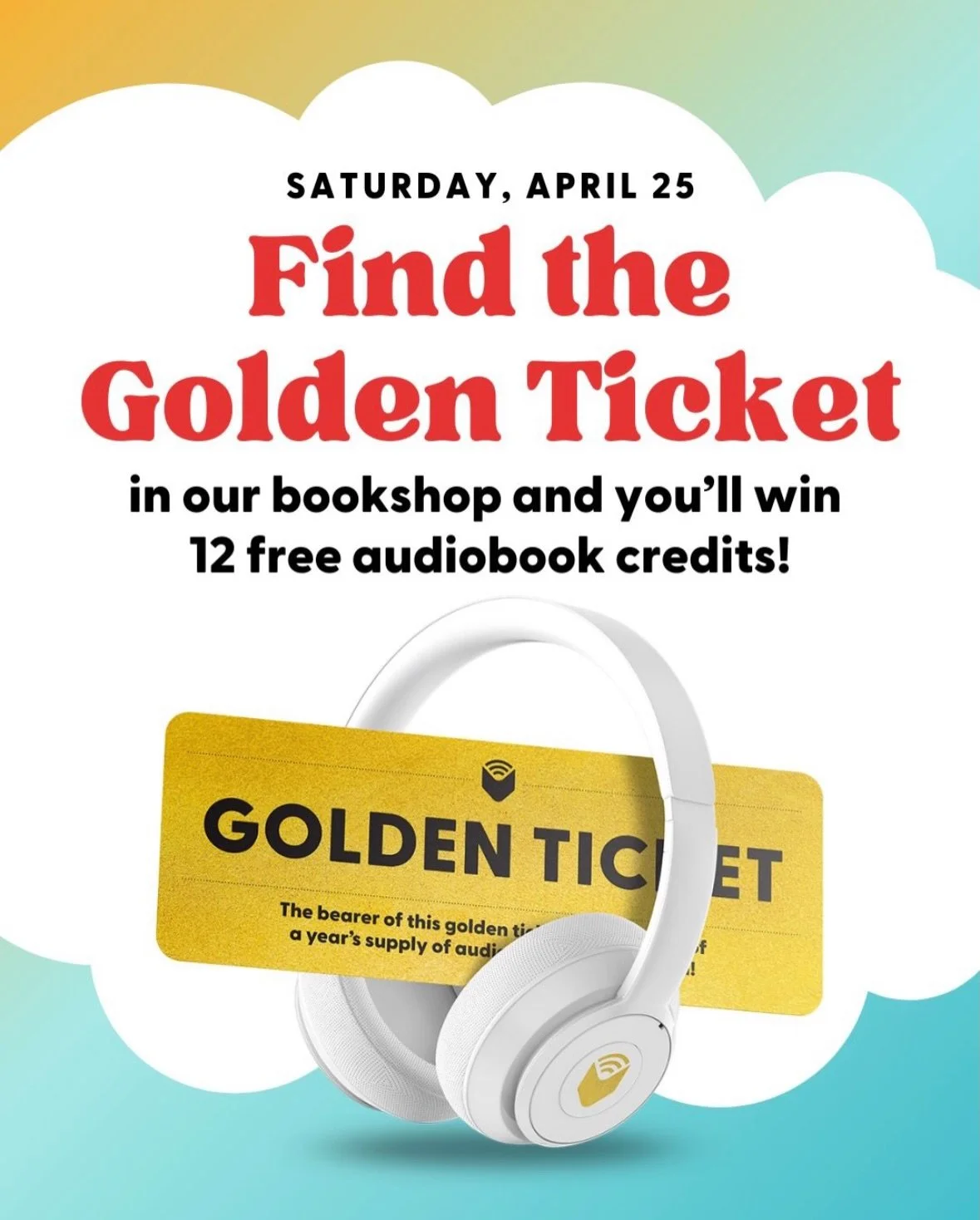Wanna win a buncha free audiobooks?! Visit MBB THIS Saturday, April 25th, and search for the hidden golden ticket. (We&rsquo;re gonna hide it reaaal well so bring your looking eyes! 👀) If you find it, you&rsquo;ll win 12 FREE audiobooks, curtesy of 