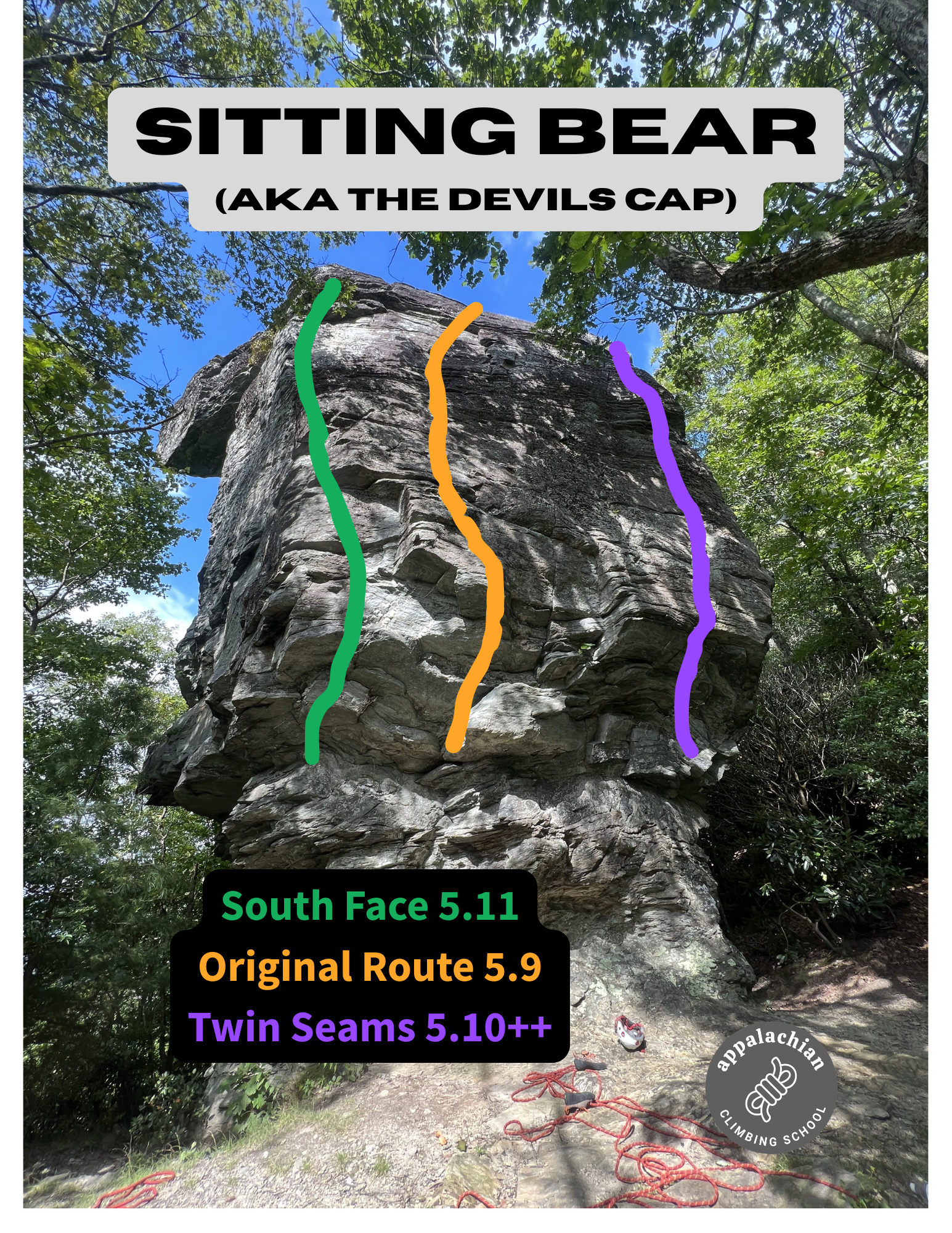 A labeled photograph for a rock climbing area called sitting bear. There is also a logo for Appalachian Climbing School in the bottom corner. 