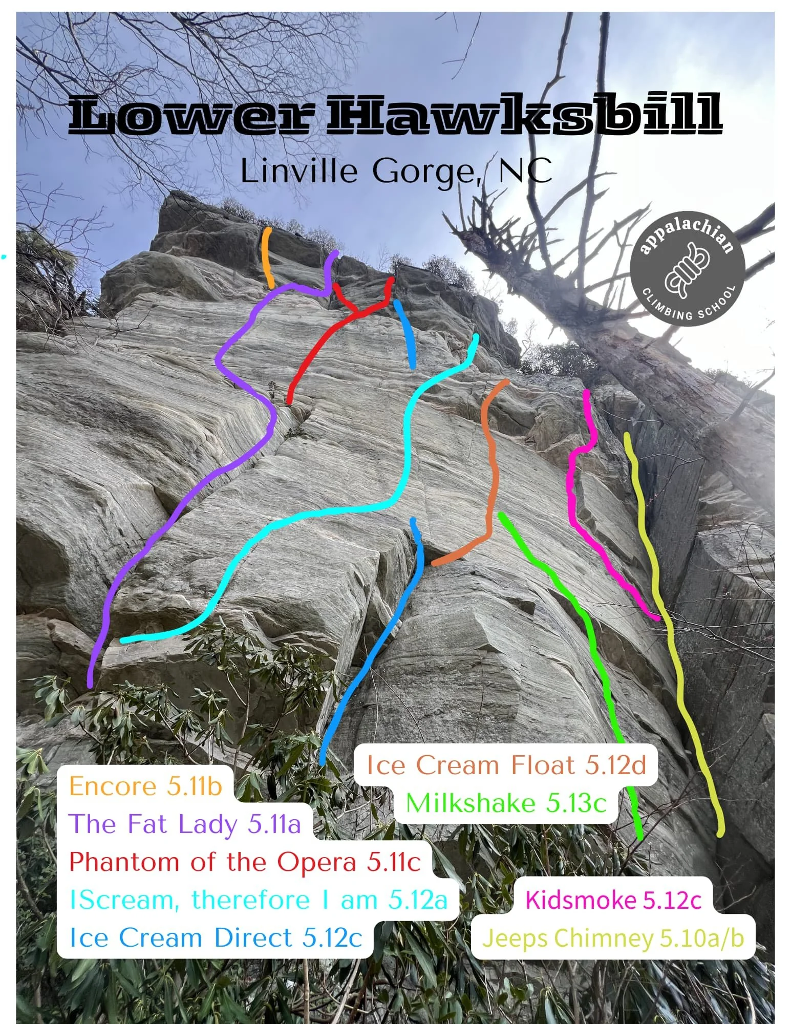 Rock climbing map for lower Hawksbill mountain. 