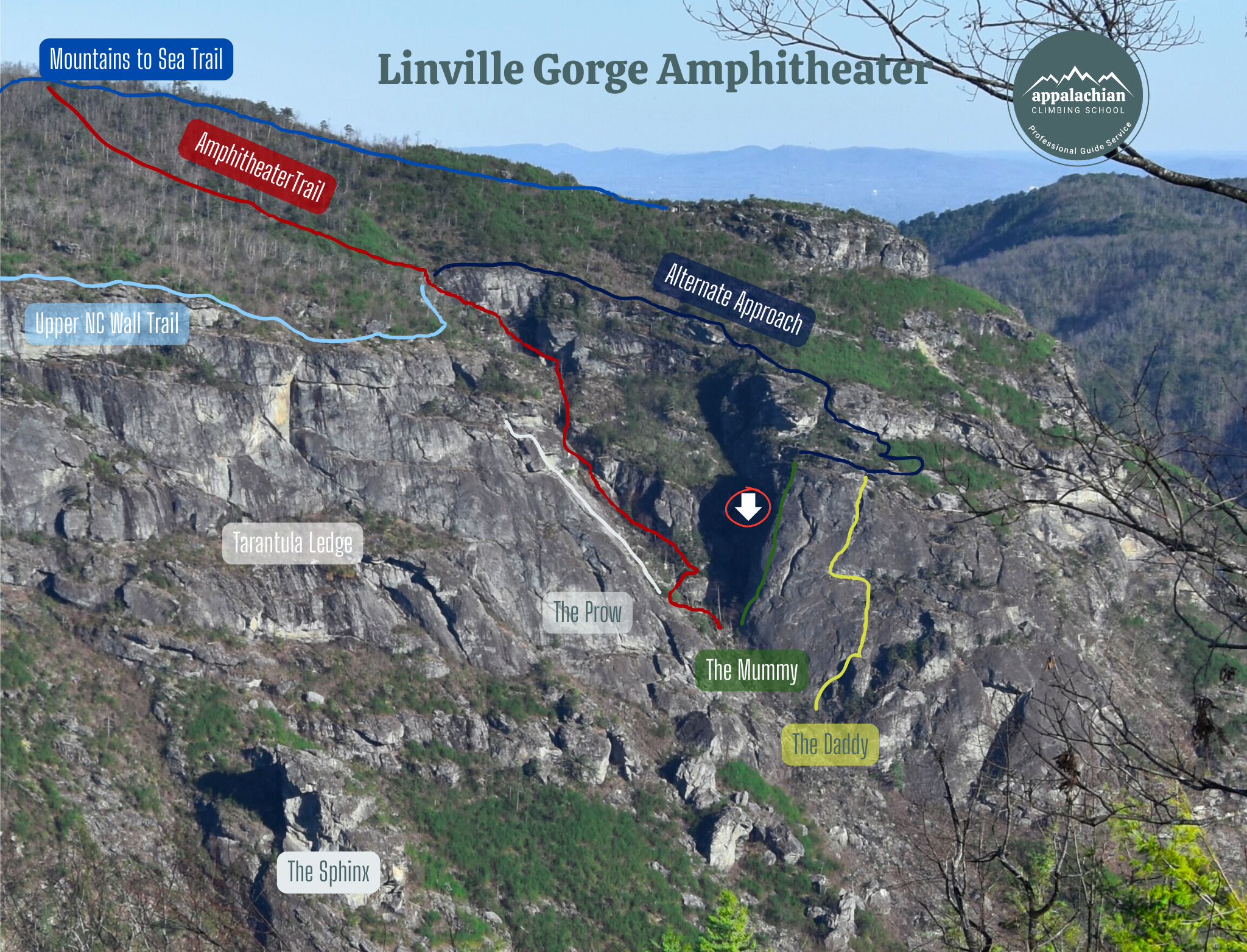 A trail map of Linville Gorge Amphitheater showing various hiking routes, including Mountains to Sea Trail, Amphitheater Trail, Upper NC Wall Trail, and Alternate Approach. The map labels notable features like Tarantula Ledge, The Prow, The Mummy, Th