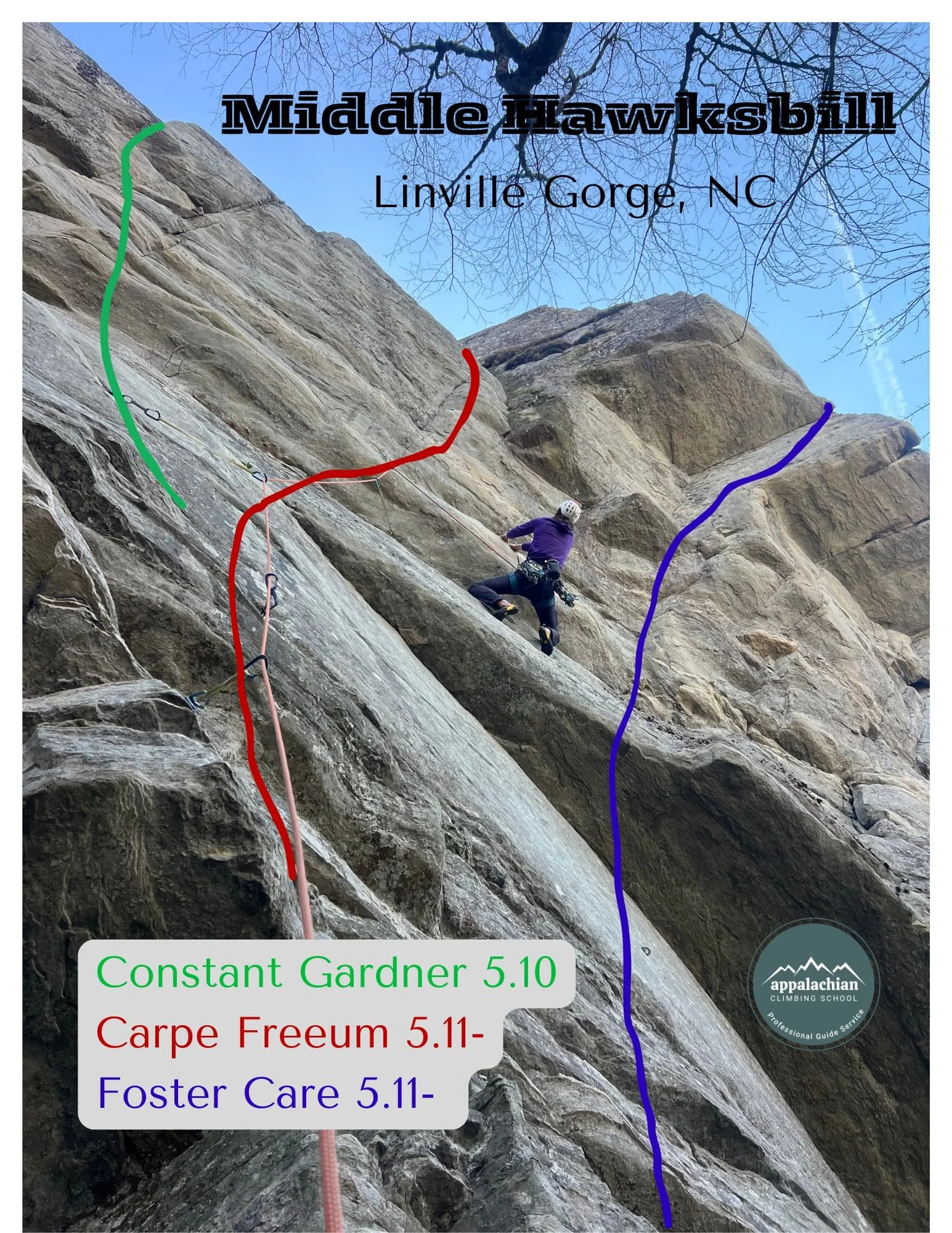 Rock climbing map for routes at Middle Hawksbill climbing area. 
