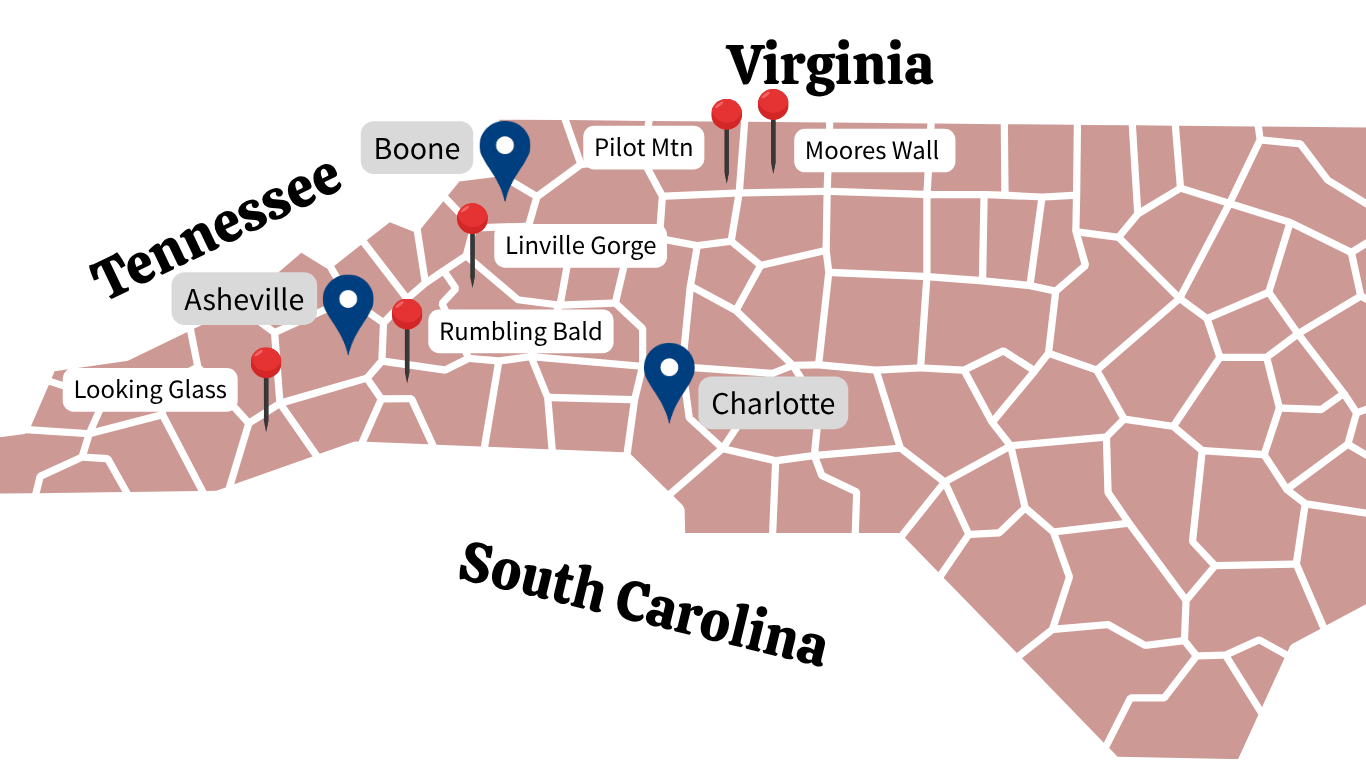 A map highlighting counties in western North Carolina and eastern Tennessee, with markers for specific locations labeled Looking Glass, Asheville, Rumbling Bald, Linville Gorge, Boone, Pilot Mtn, Moores Wall, and Virginia and South Carolina borders.