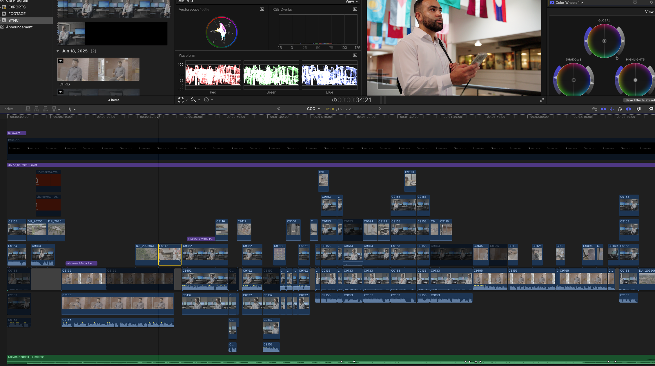 A professional video editing timeline showing the detailed post-production process used to create strategic brand assets and B2B marketing content for industrial clients.