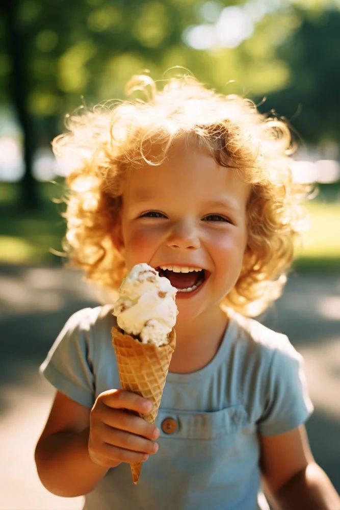 A young child with curly blonde hair holding an ice cream cone and smiling in a park.