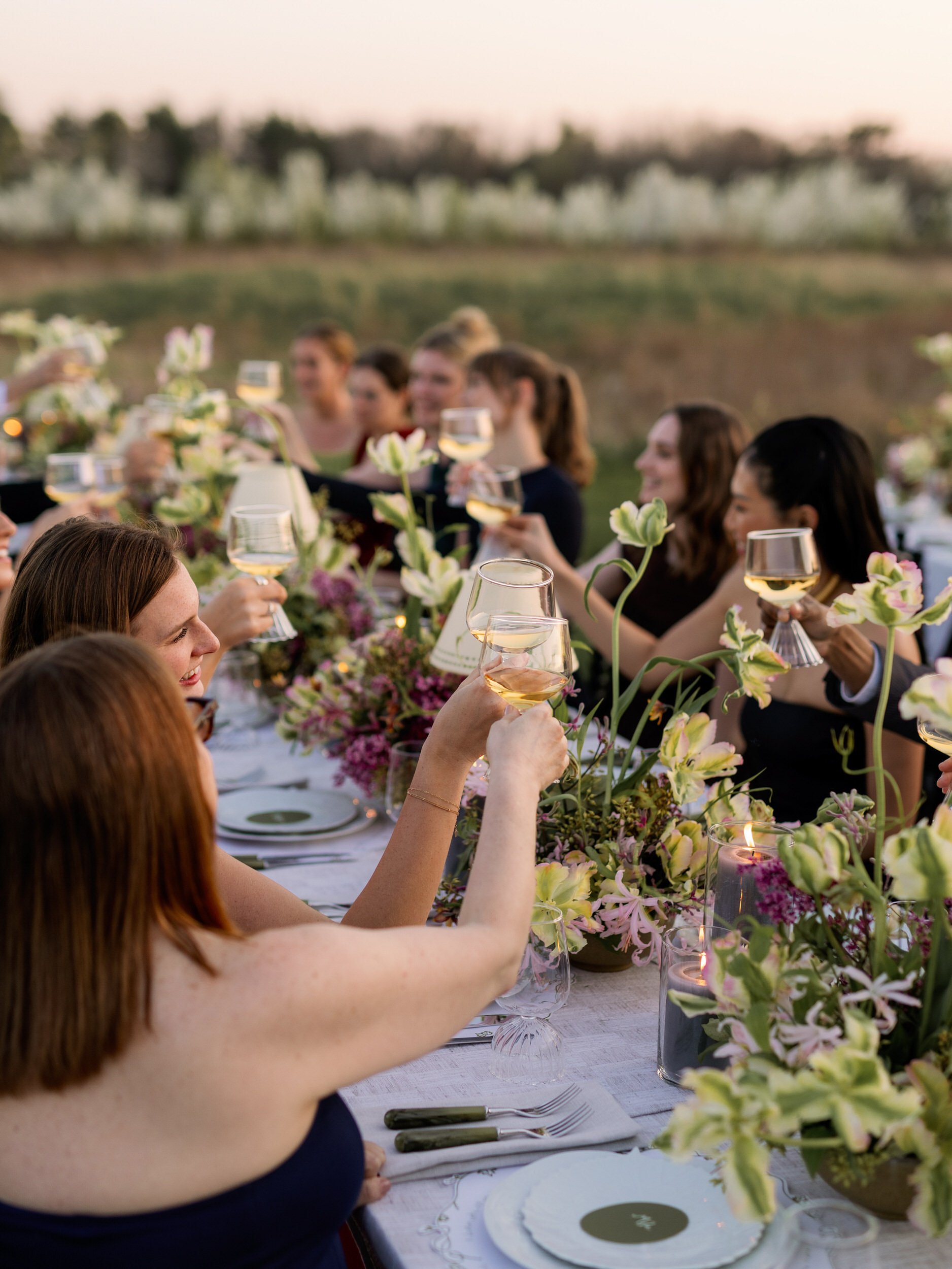  Wedding reception guests holding up glasses in a toast at an outdoor reception  
