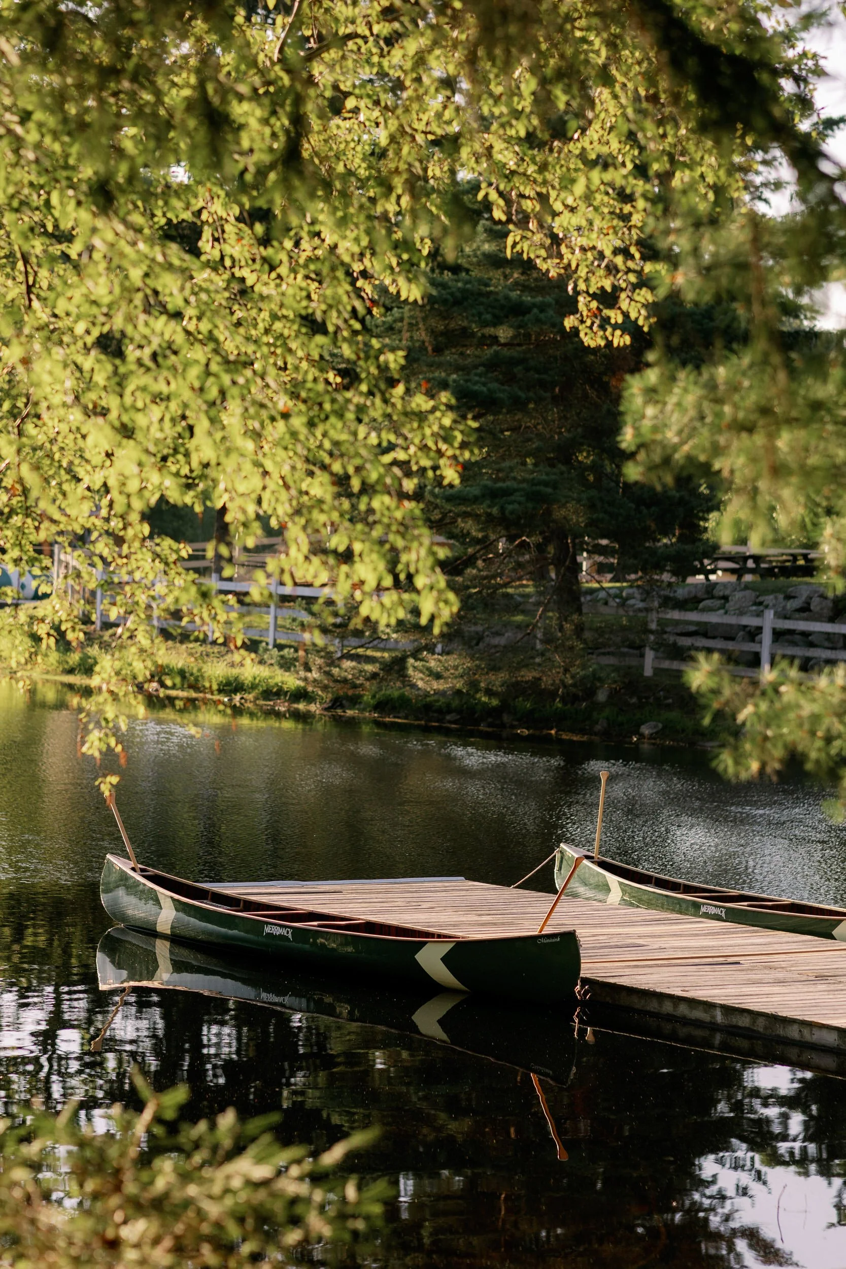  Two green canoes tied on either side of a small dock 