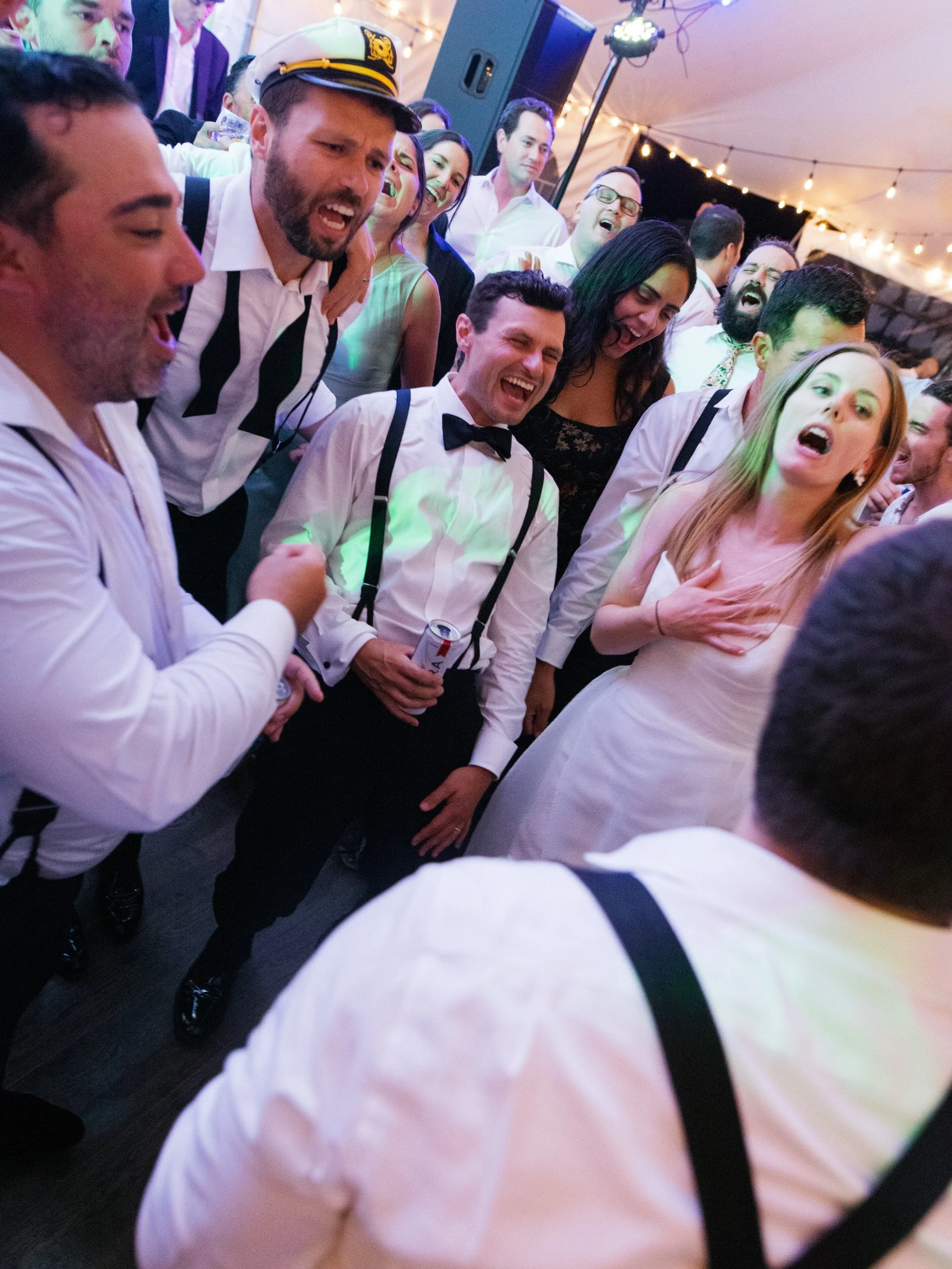 Wedding guests dancing and singing at a reception 