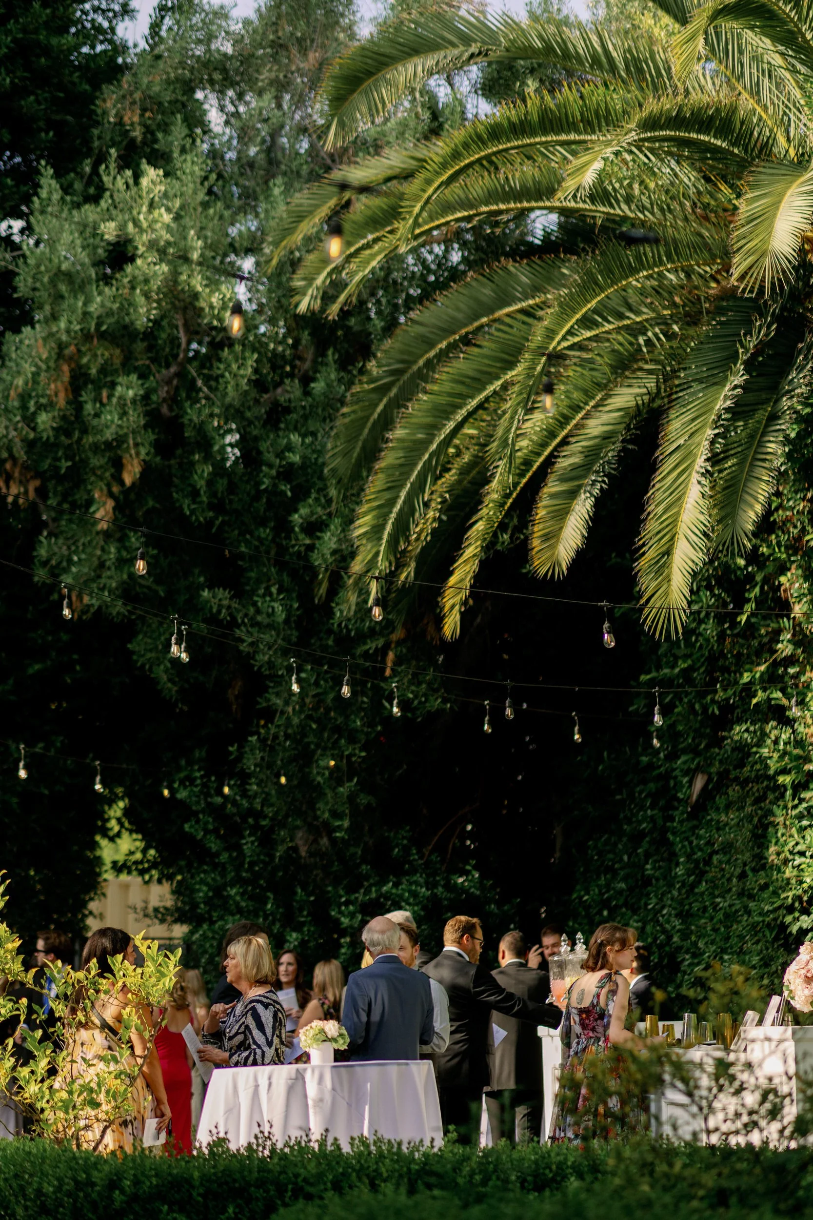Wedding guests standing in an outdoor garden area during a wedding reception 
