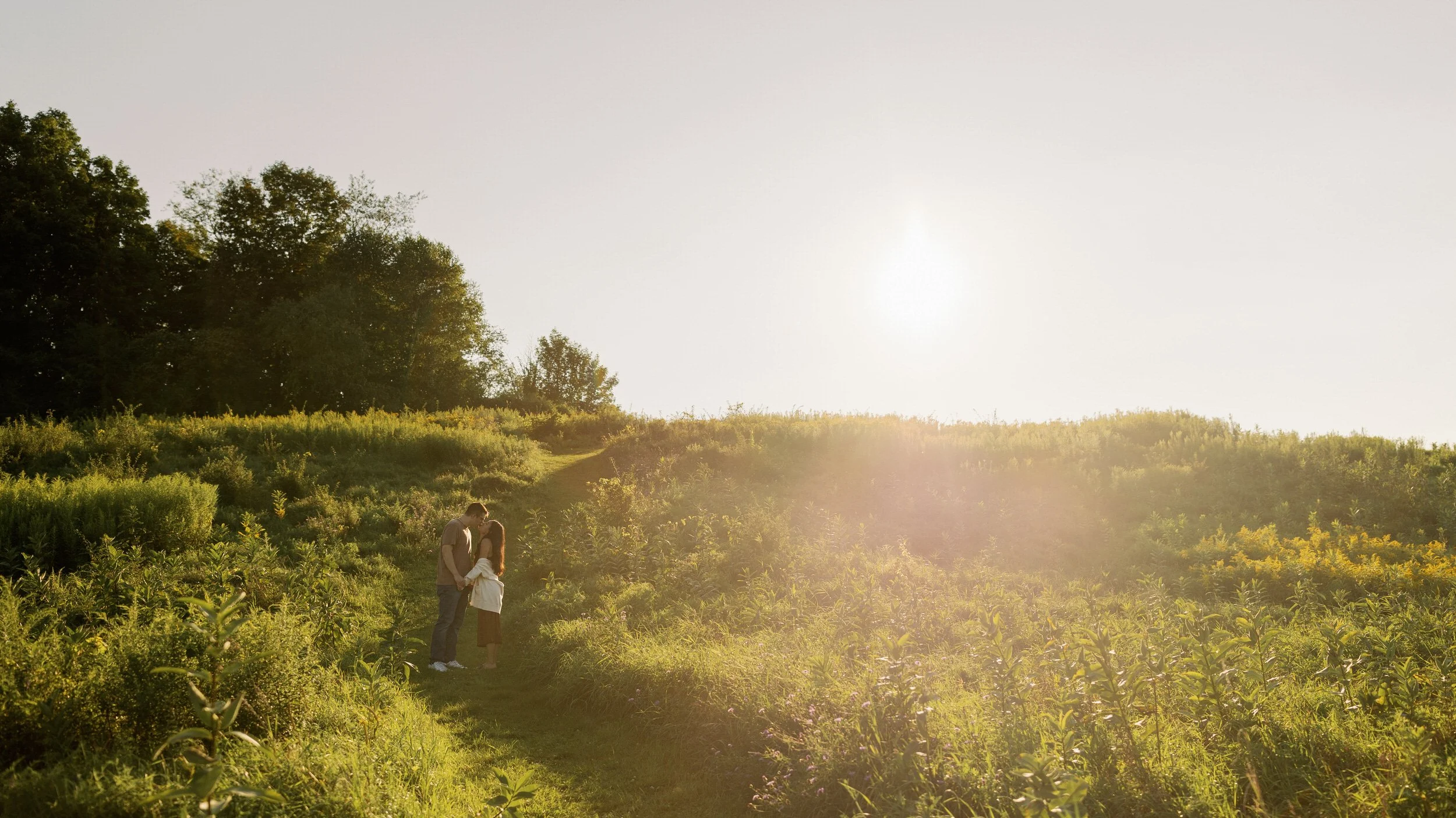 A couple kissing while standing in a grassy path in a field 