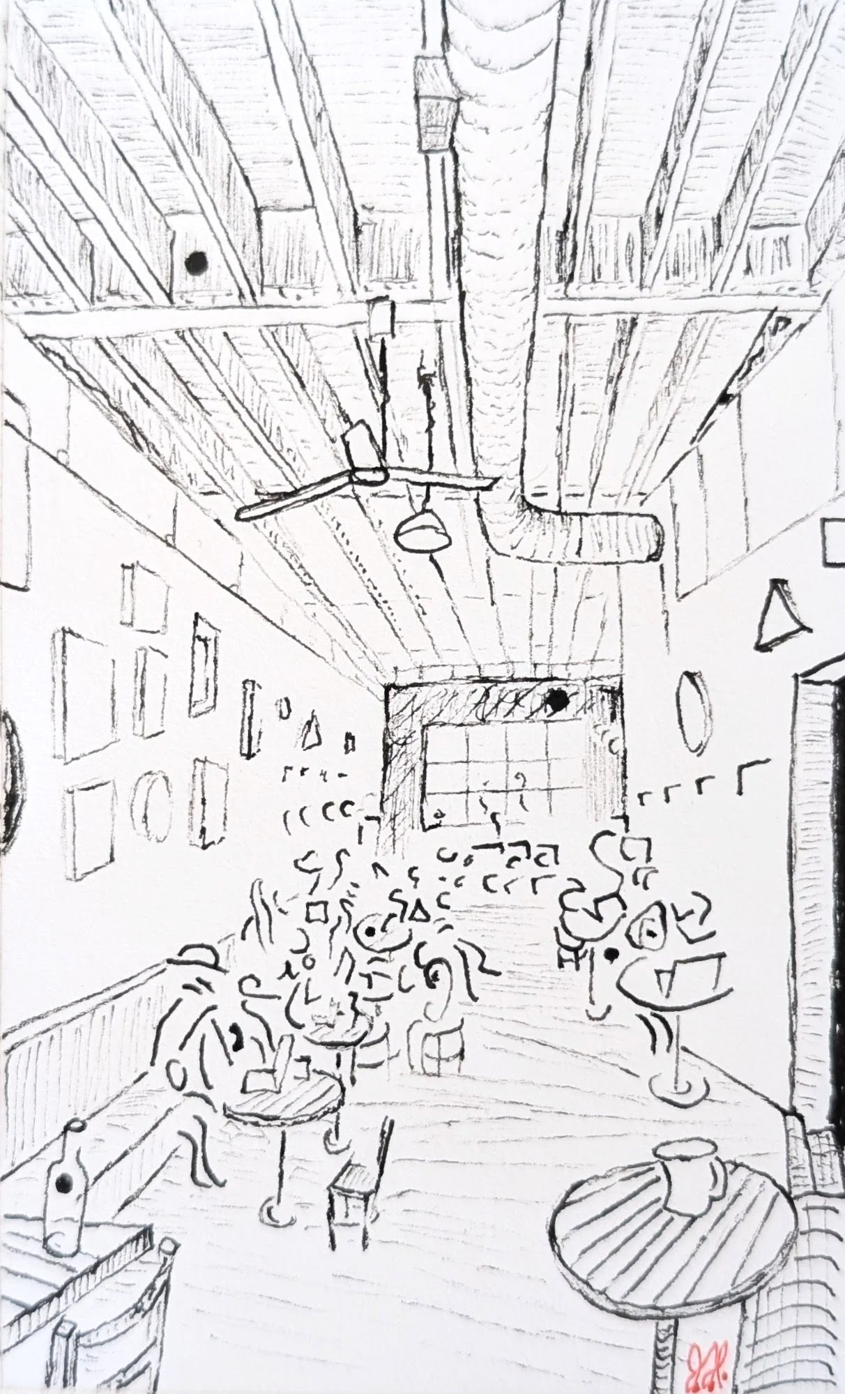 "Odd's Cafe Asheville, NC" Ink on Paper 2"x 4" February, 2025