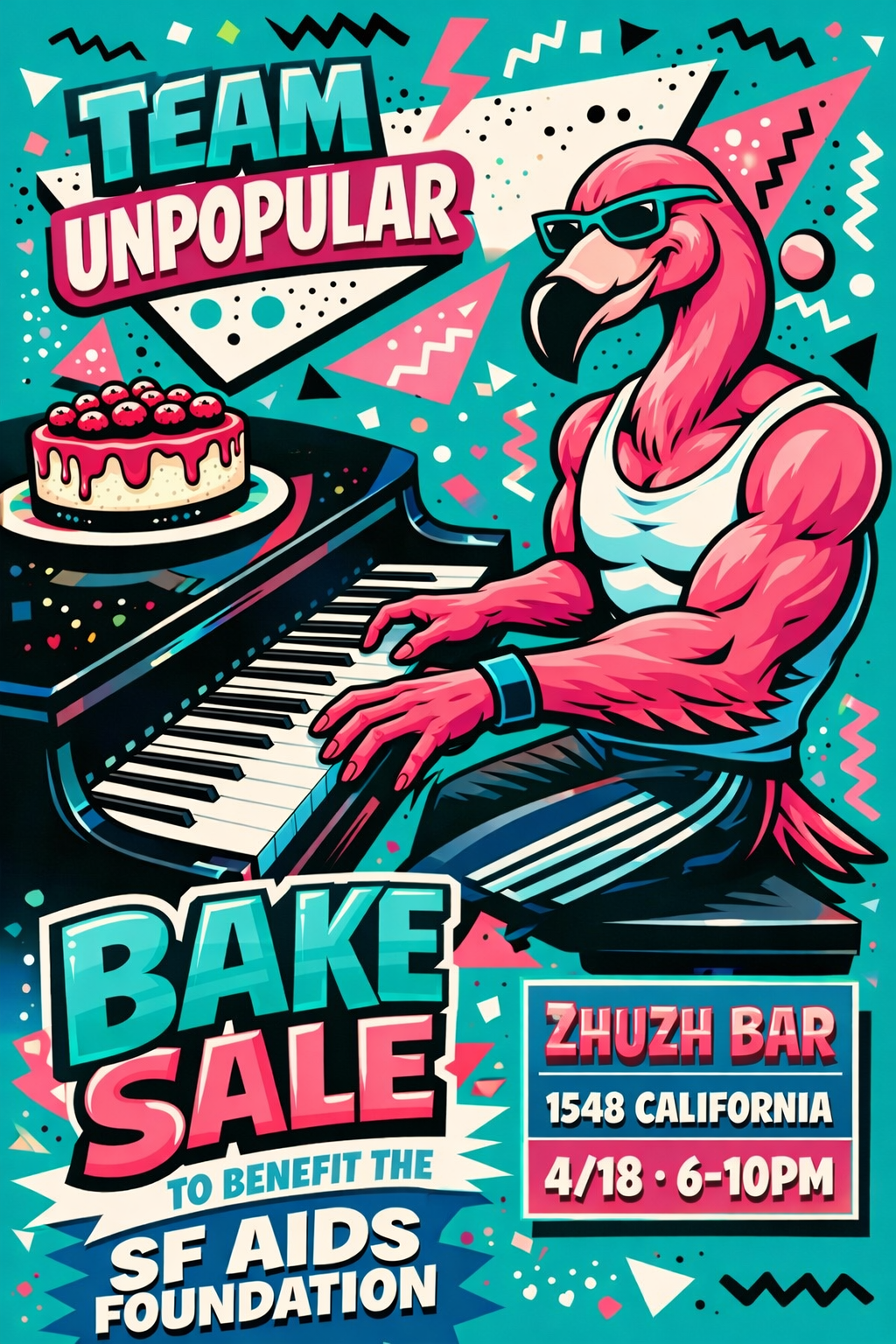 Colorful poster featuring a pink flamingo wearing sunglasses and playing a keyboard, with a cake on top. Text on the poster promotes a bake sale event by Team Unpopular benefiting the SF AIDS Foundation, at Zhuzh Bar, 1548 California, on April 18th from 6 to 10 PM.