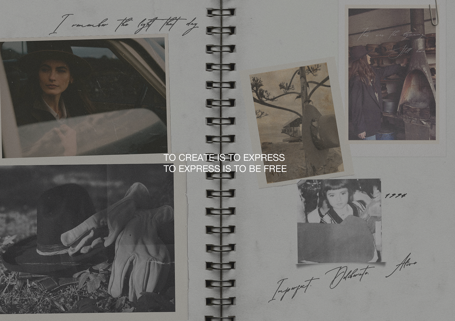 A collage of photographs and handwritten notes on a spiral-bound notebook. The photos include a woman in a car, a person with gardening gloves, a woman browsing items in a workshop, a landscape with a tree, and a young girl with short hair. The notes contain phrases like 'I remember the light that day,' 'Important. Deliberate. Alone,' and a quote: 'To create is to express. To express is to be free.'