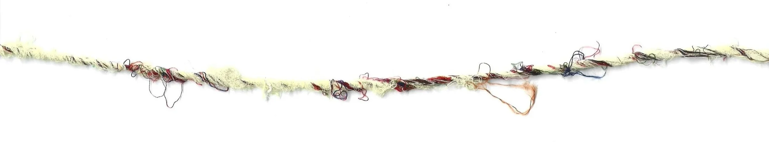 String of tangled, multicolored threads and yarns on a white background.