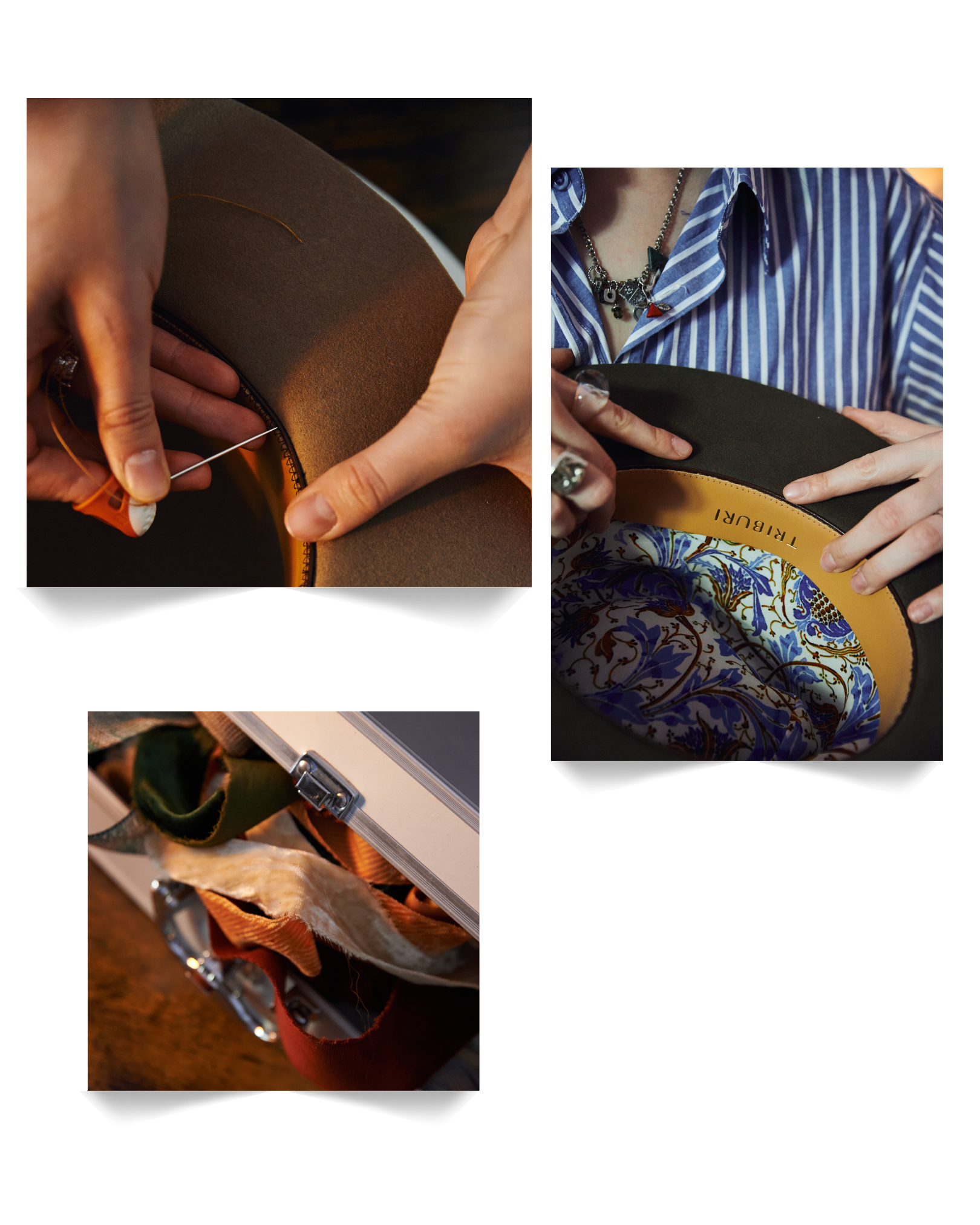 Hands sewing the lining into a handmade felt hat.