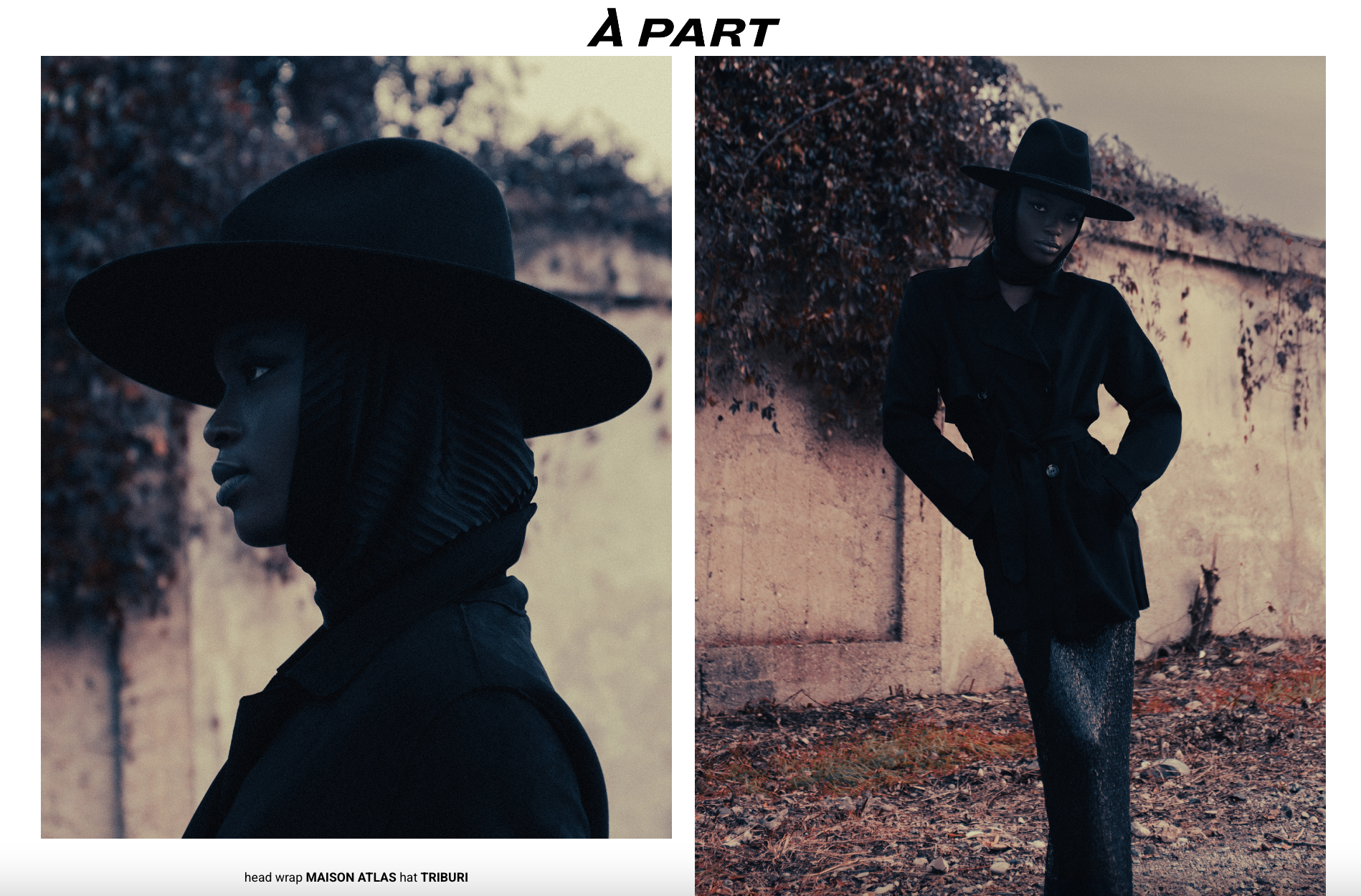 Fashion photographs of a woman wearing a large black handcrafted hat outdoors.
