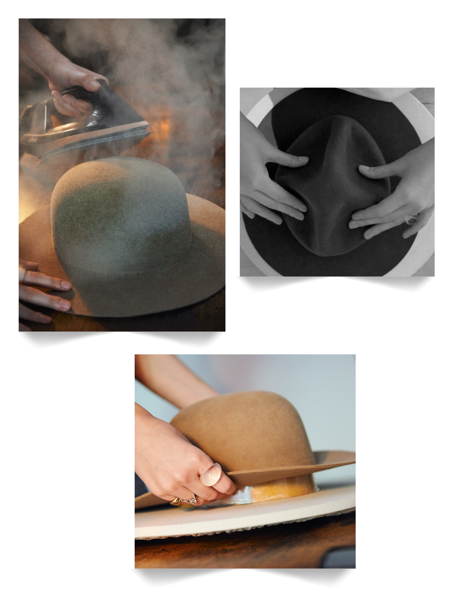 Steps of shaping a felt hat, including steaming and forming the crown.