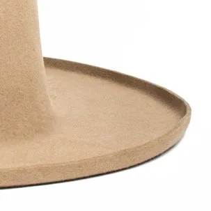 Curled brim detail of a beige felt hat on a white background.