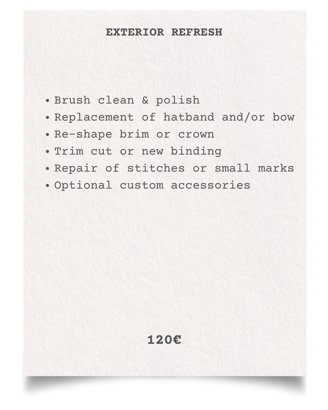 A menu titled 'EXTERIOR REFRESH' listing services for exterior shoe or boot repairs, including cleaning, polish, replacing hardware, reshaping, trimming, repairing stitches, and optional accessories, with a price of 120 euros.