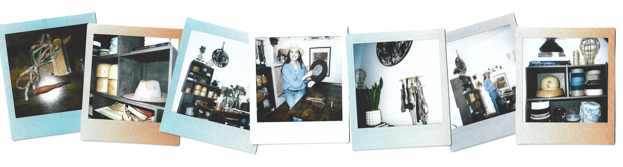 Polaroid-style images showing moments from the Triburi studio, including hat-making details, tools, and work in progress.