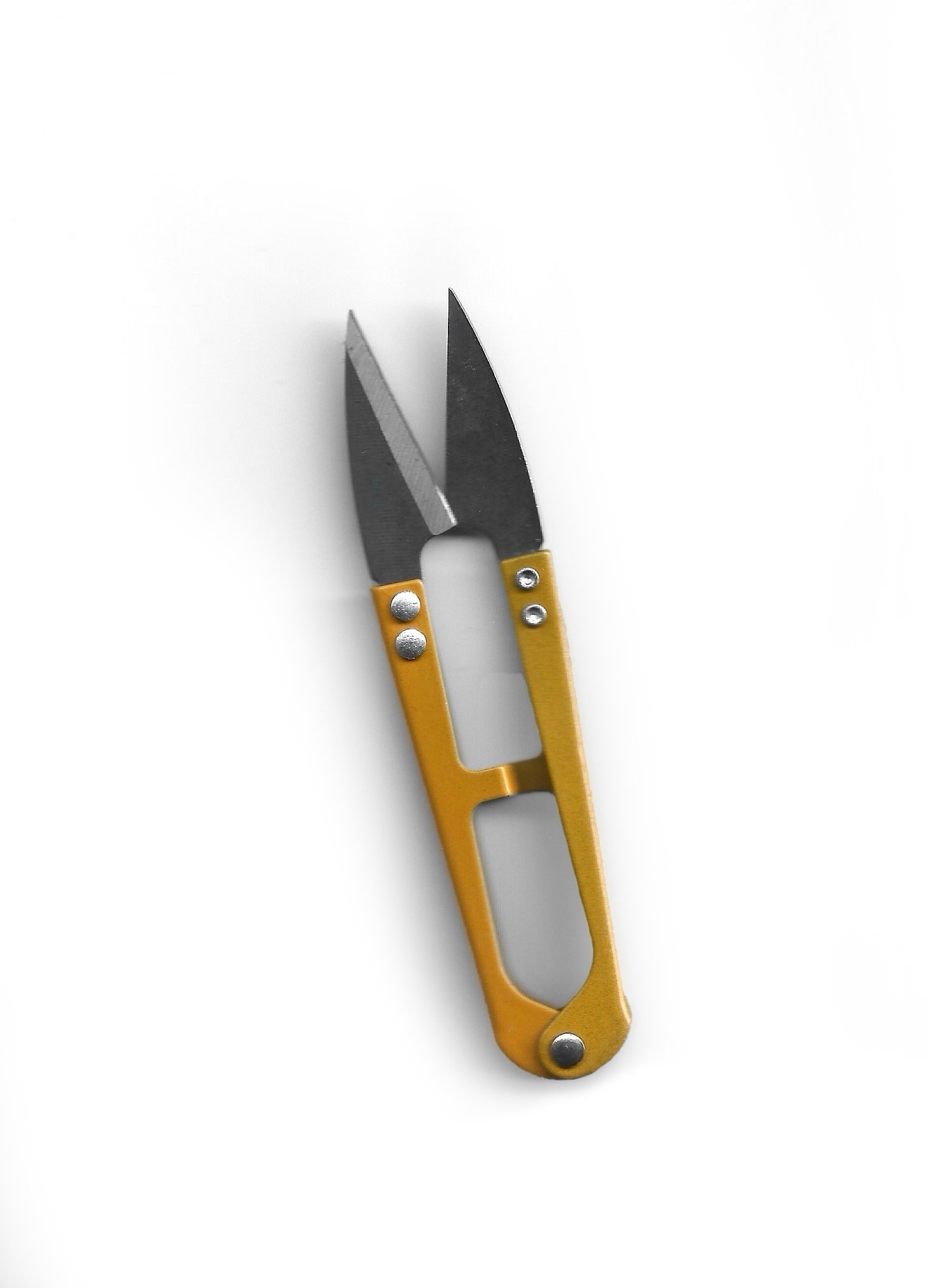 A small pair of scissors with black blades and a yellow handle on a white background.