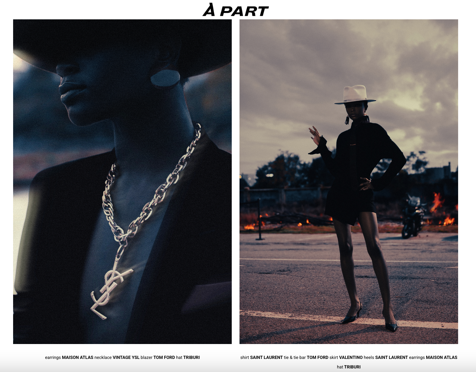 Side-by-side fashion photographs of a woman wearing a large hat and jewelry in an outdoor setting.