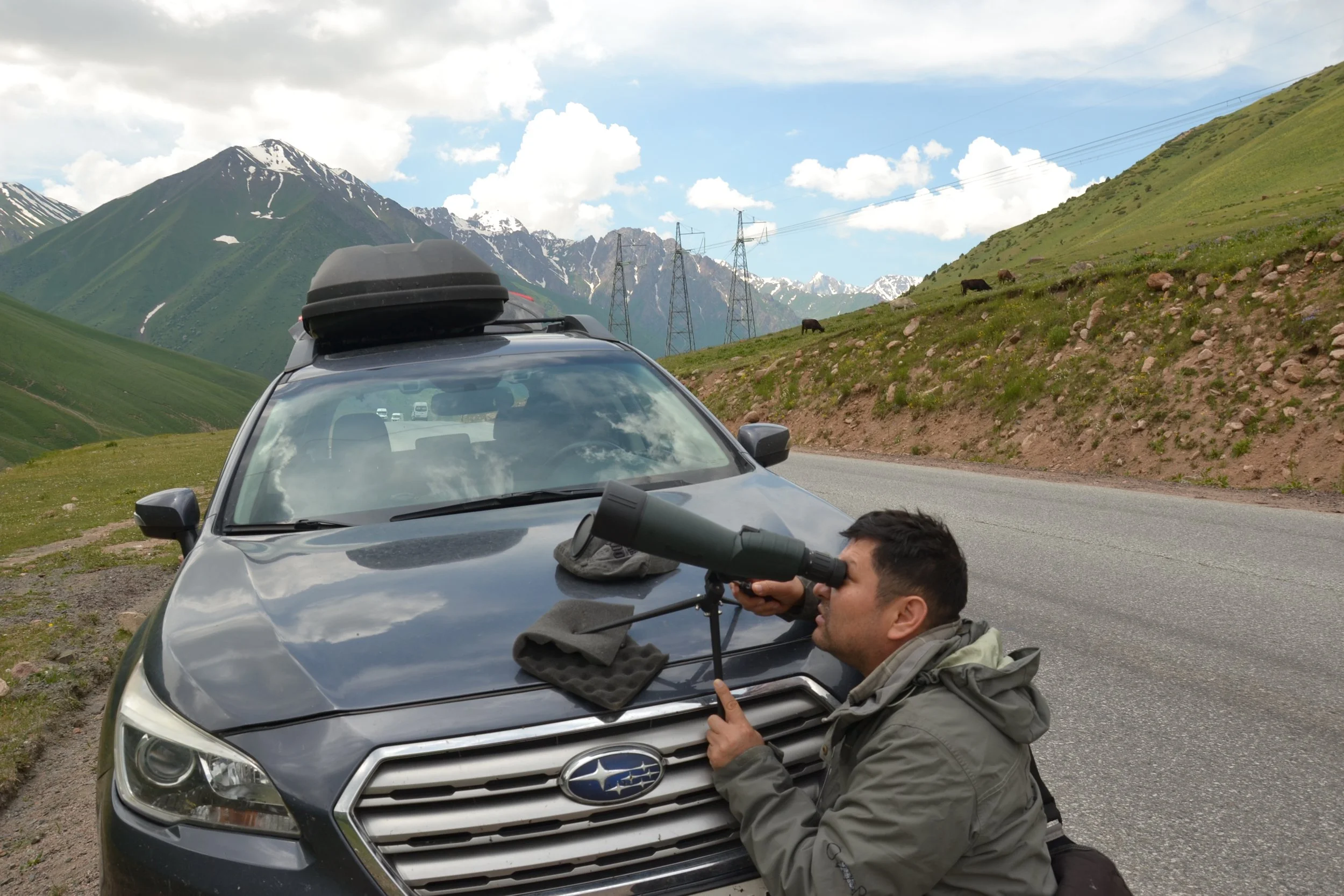 A man using a spotting scope mounted on a car beside a mountain road
