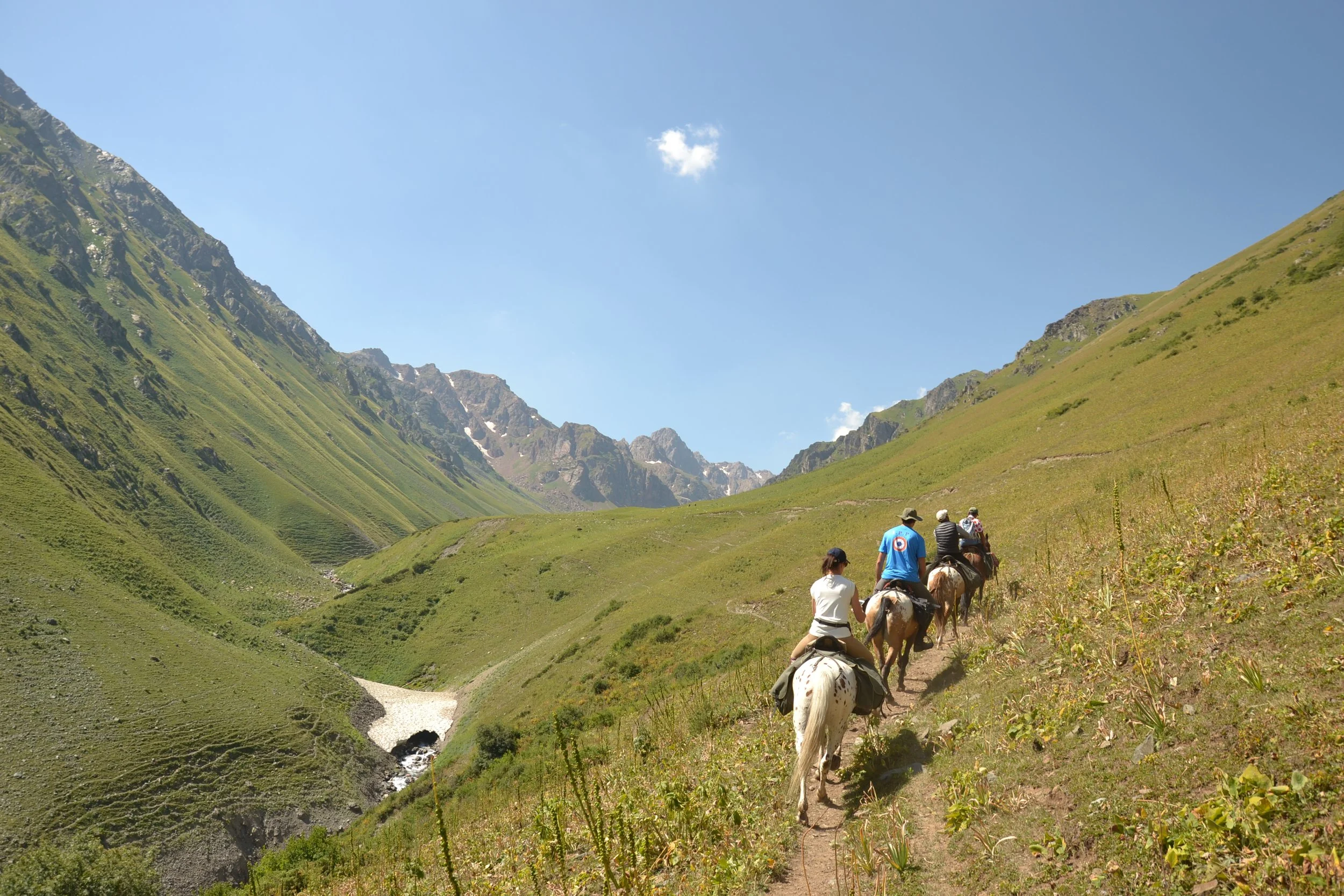 A line of riders on horseback following a mountain valley trail