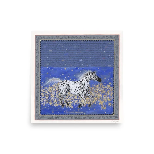 Alice Shirley's spotted horse on a starry blue ground, printed as a poster for the Chaar shop