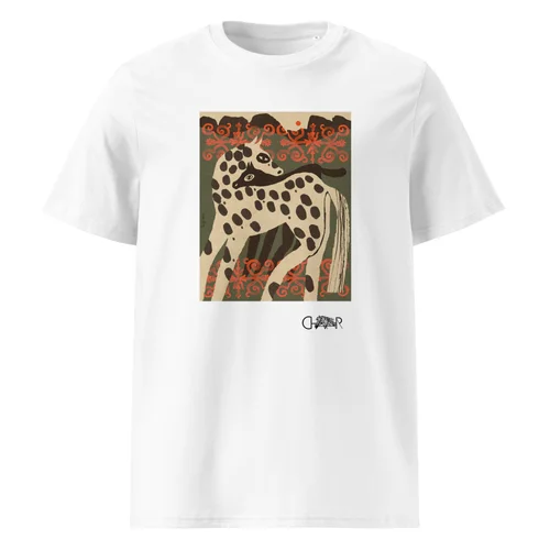 White T-shirt printed with Enikő Katalin Eged's spotted mare and foal by a mountain pass