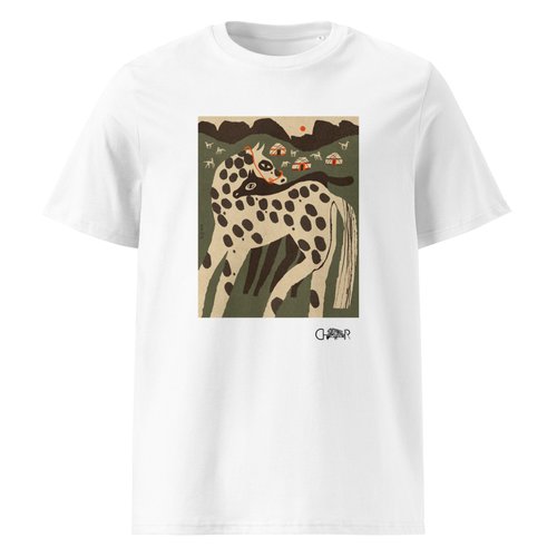 White T-shirt printed with Enikő Katalin Eged's spotted mare and foal by a yurt village