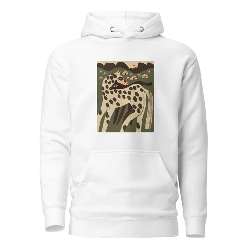 White hoodie printed with Enikő Katalin Eged's spotted mare and foal