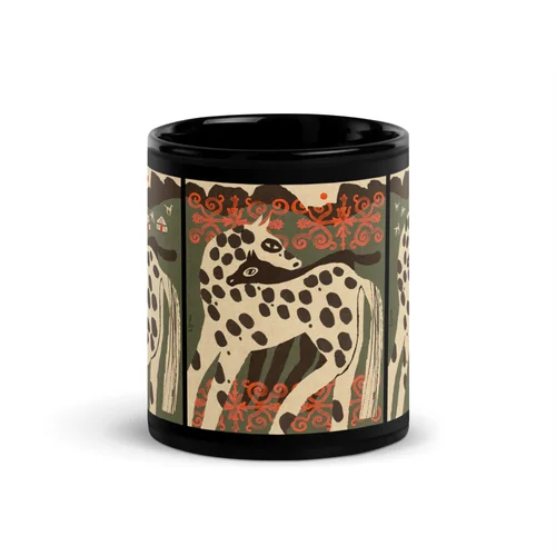 Black mug printed with Enikő Katalin Eged's spotted mare and foal