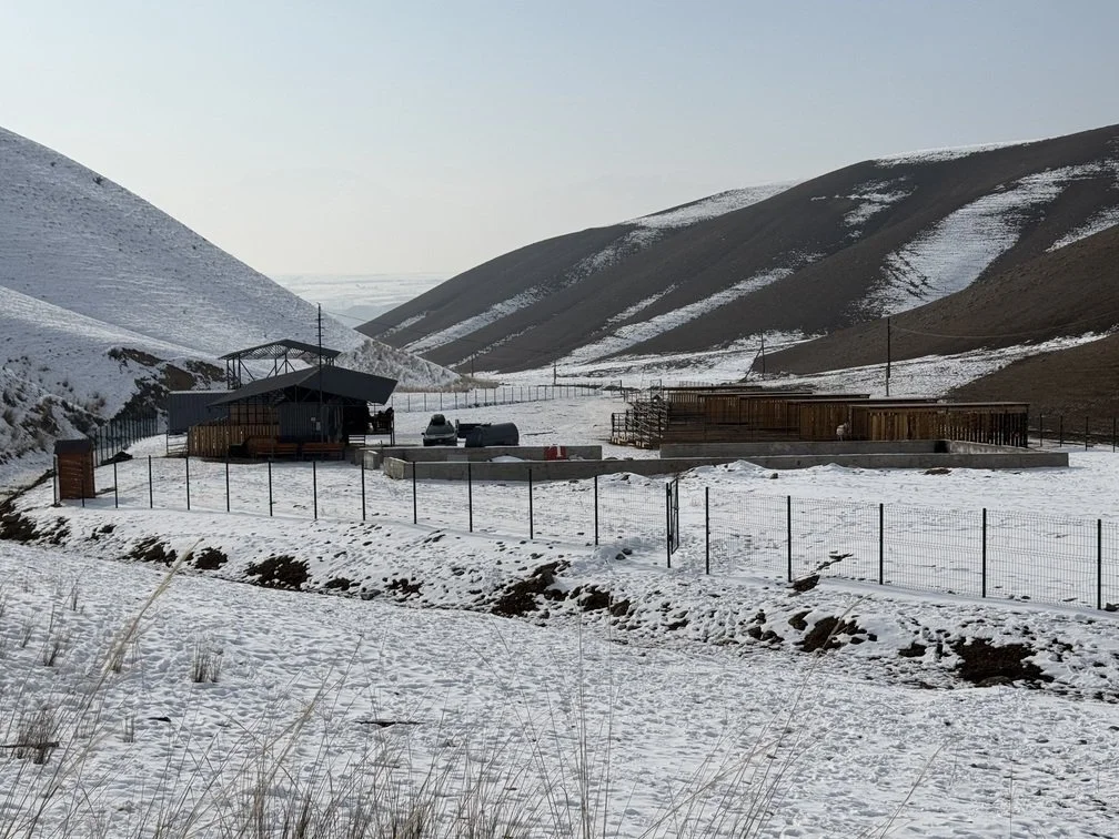 Bâtiments du ranch Chaar en construction dans une vallée montagneuse enneigée, février 2026